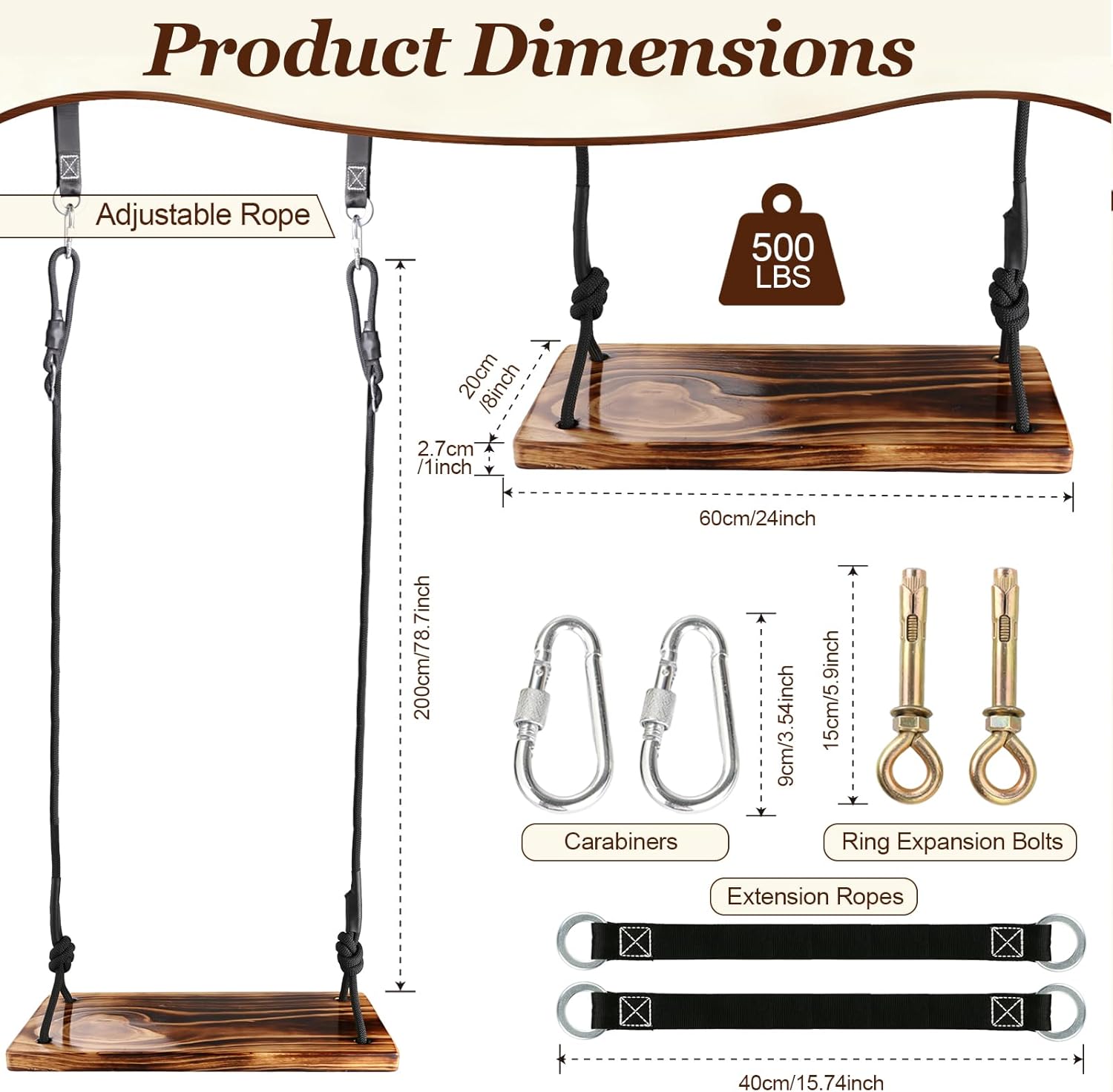 Carbonized Wooden Swing,Aspelve 24"x 8" Hanging Tree Swing with Heavy Duty 500 lbs Load,Wooden Swing Seat with Adjustable Climbing Rope & Tree Straps for Outdoor and Indoor Use(24"x 8")