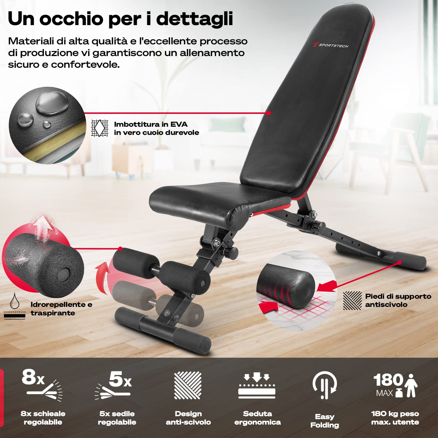 Sportstech Panca pieghevole di alta qualità, completamente montata, panca inclinata e panca piatta per panca, allenamento della schiena e fitness, sistema di regolazione sicuro + con oltre 40 combinazioni di regolazione per la casa |BRT400