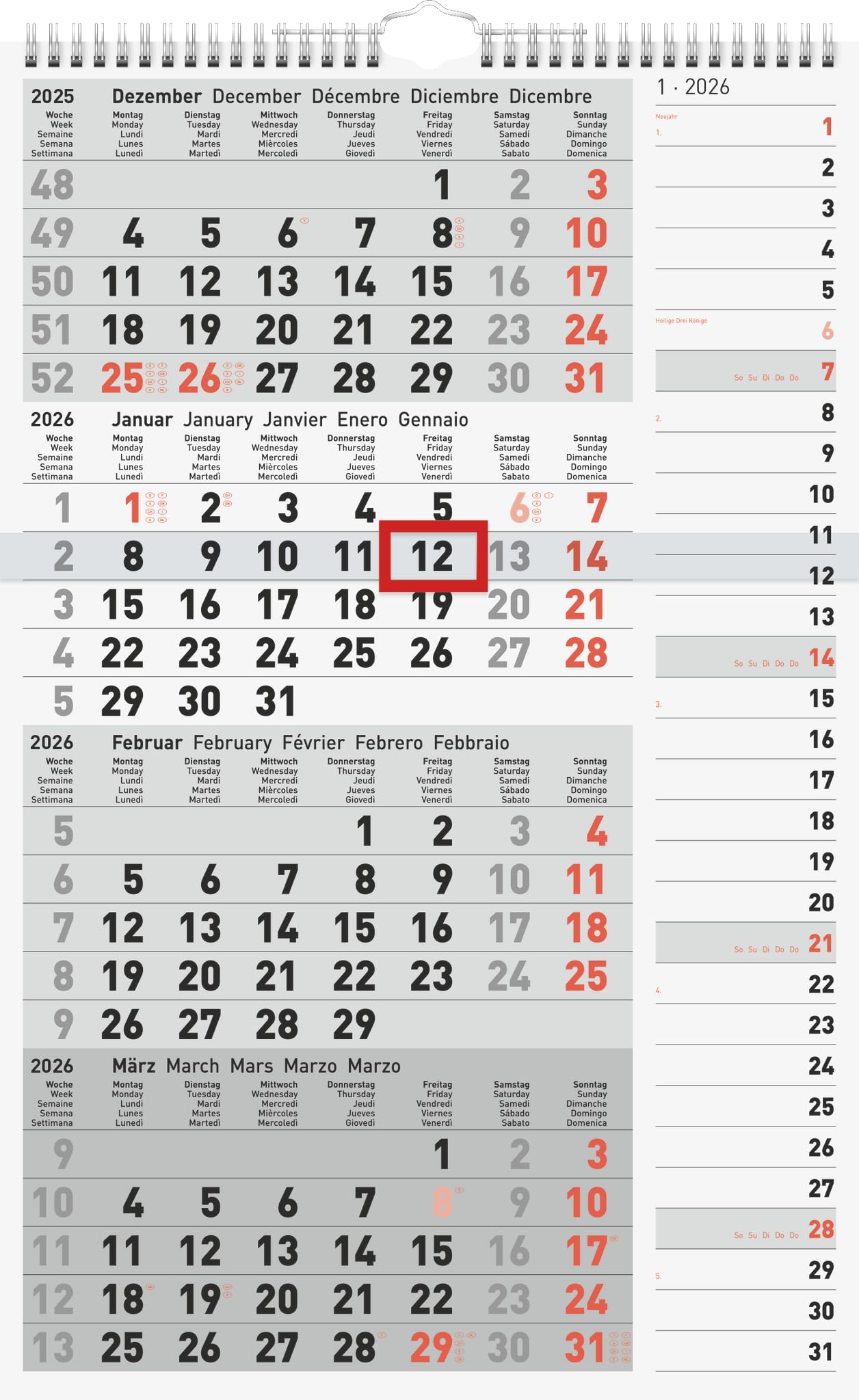 rido/idé 4-Month Calendar 2026, Grey, 300 x 490 mm