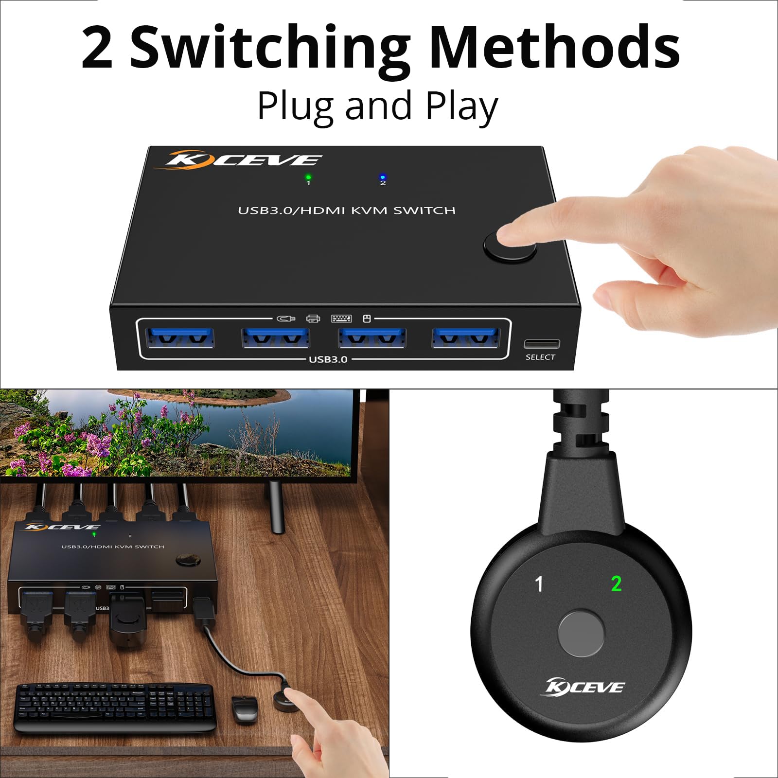 KCEVE KVM Switch 2 Computer 1 Monitor HDMI | 4K @ 60Hz, USB 3.0 KVM Switch HDMI per 2 computer condivisione tastiera mouse, telecomando cablato (4K HD 2 in 1 out)