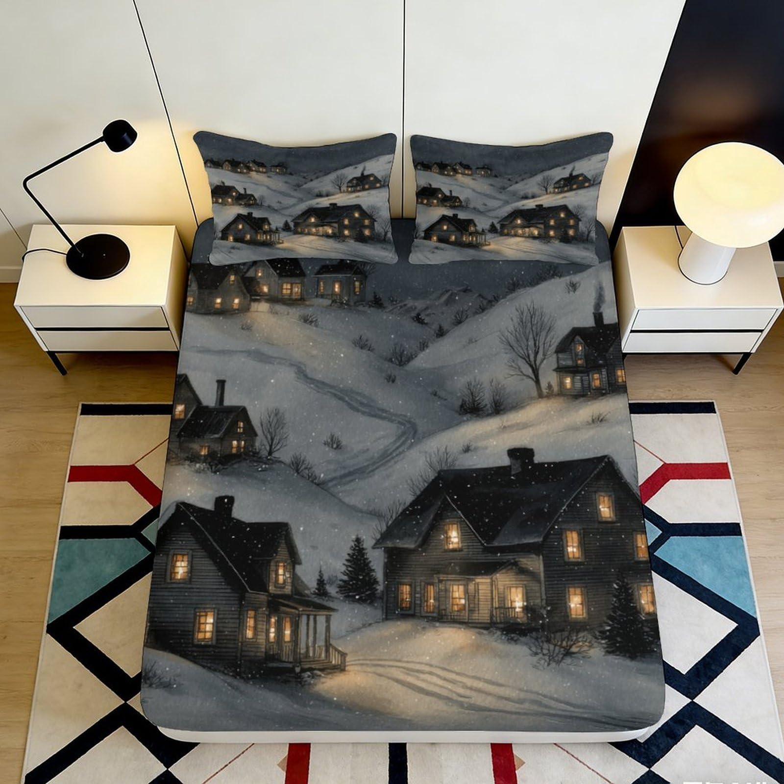 Pnayamiorkfel Style-10 3D Printed Winter Village Scene Fitted Sheet Microfiber Soft Bed Cover For Bedroom Guest Room Cottage Decor 90X200x25cm