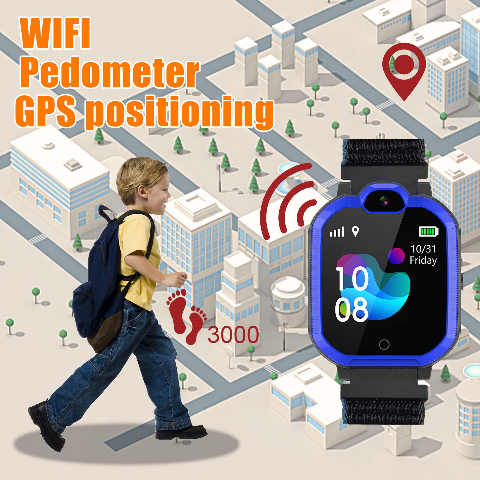 PTHTECHUS Montre Connectée Enfant 4G, Montre GPS Enfant avec Appel, Chat Vocal et Vidéo, Alarme, SOS, Appareil Photo, Podomètre, Mode Classe, WiFi, Music Watch pour 4-12 Garçons Filles