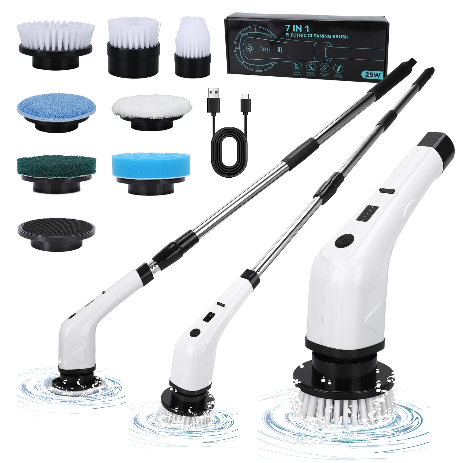 Cepillo de limpieza eléctrico inalámbrico, cepillo de fregar de microfibra para pisos de madera dura, con cabezal de cepillo de acero inoxidable y cable de carga USB (blanco)
