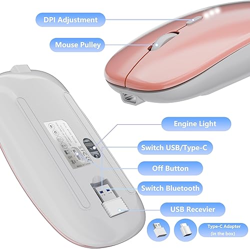 Miniatura 9 de Ratón silencioso inalámbrico recargable delgado  Tecnología inalámbrica y Bluetooth de 2.4G  Modos de conexión flexibles a través de Bluetooth, USB