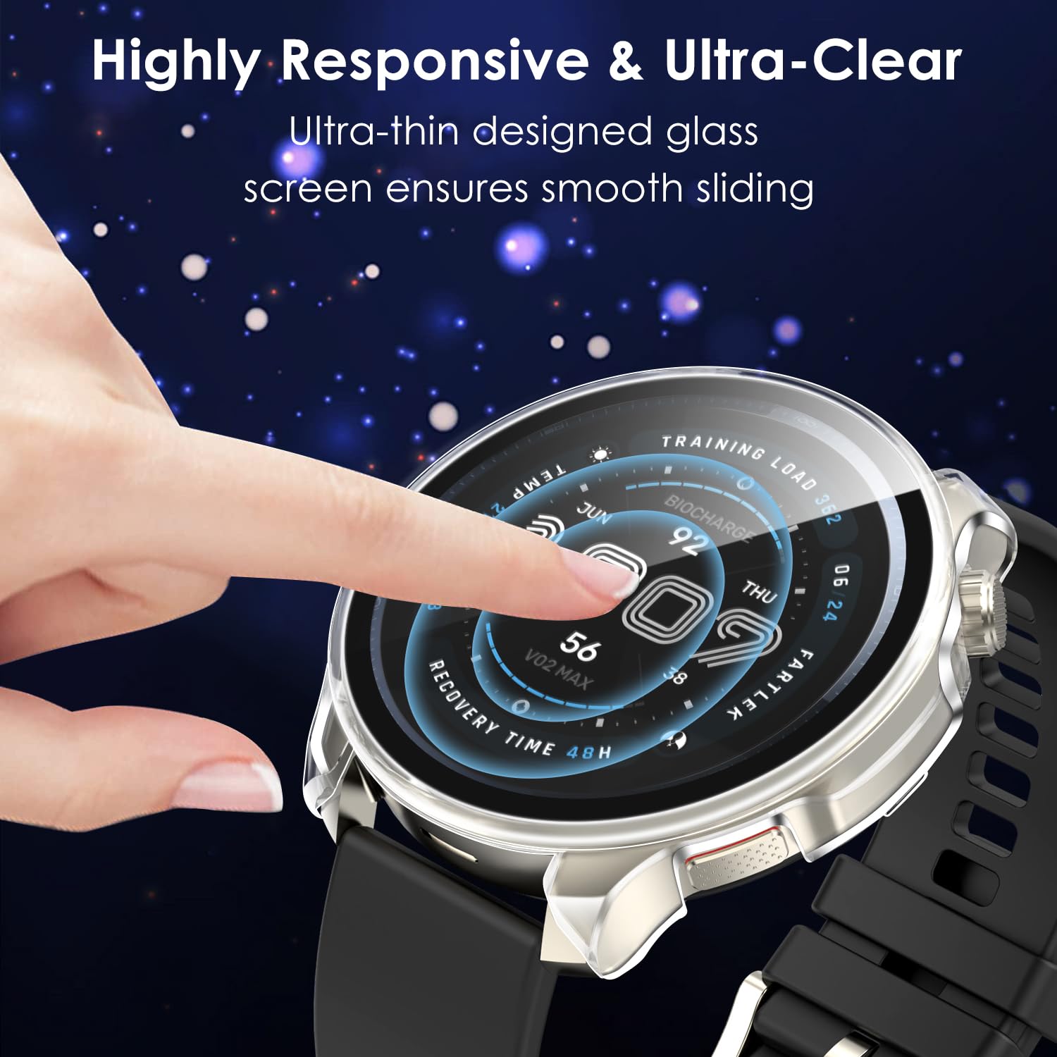 ivoler 3 Pièces Coque Dur PC pour Amazfit Balance 2, Couverture Complète Protection écran en Verre Trempé Étui de Protection Antichoc, Mince Anti-Rayures Bumper Housse (2 Transparent + 1 Noir)