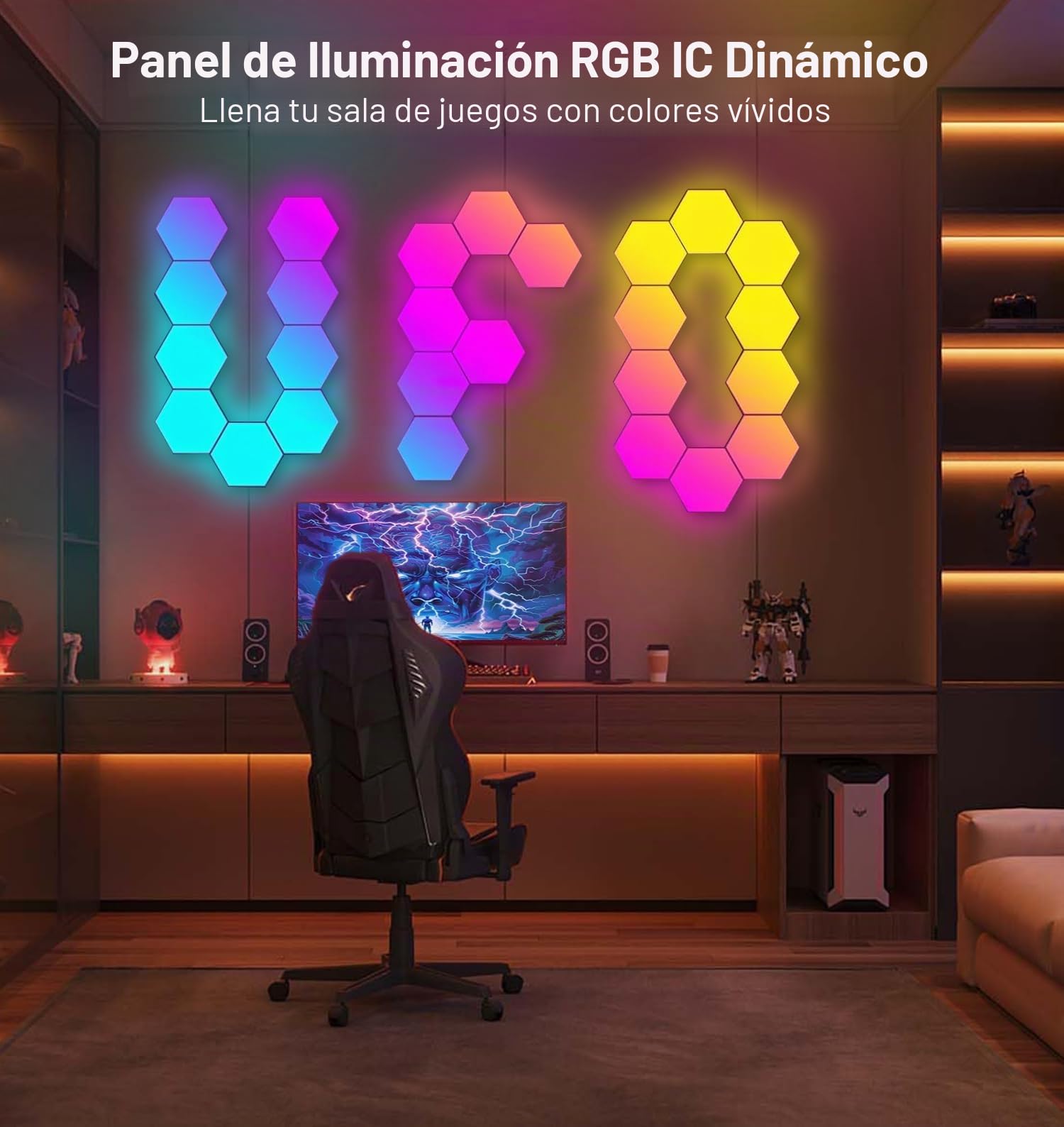 Panel LED hexagonal para configuración de juegos, 14 hogares inteligentes de juegos LED, lámpara de pared hexagonal, funciona con Alexa Google Assistant, paneles de pared para juegos, control por voz,