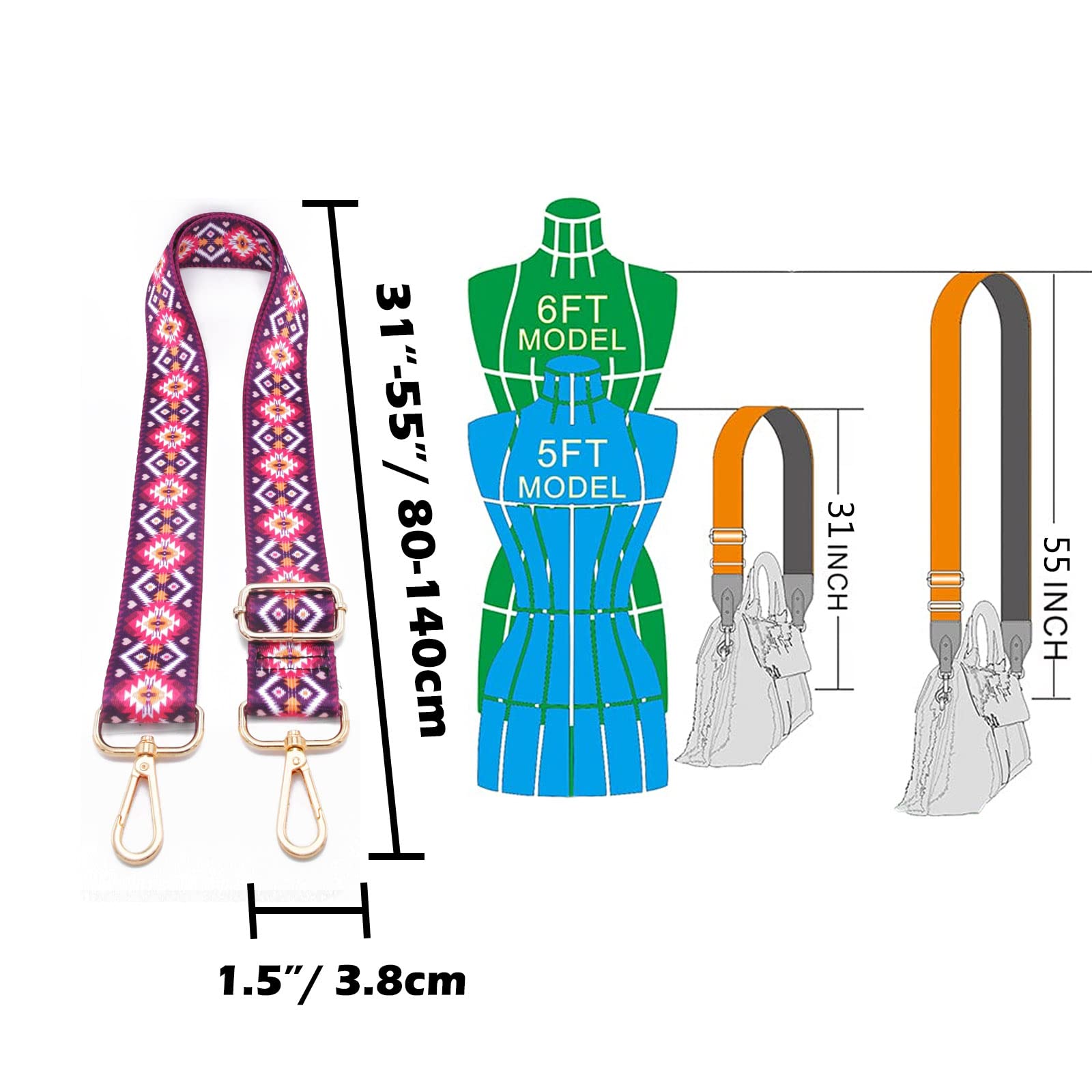 Tracolla Regolabile Per Borsa Donna - Cinghia Larga 3.8cm, Lunghezza 80-130cm, Design Colorato, Gold