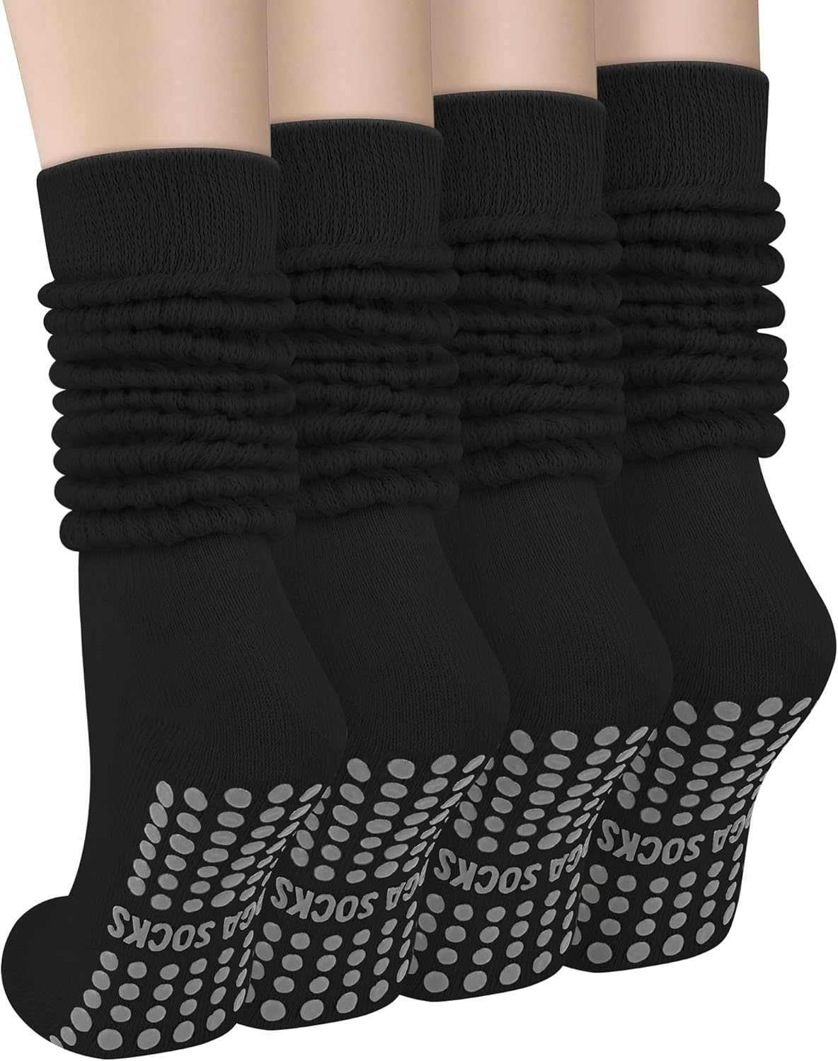 Ludaro 4 Pairs Pilates Grip Scrunch Socks for Women, Long Cotton Non Slip Slouch Yoga Calf Socks Slipper Crew Stockings