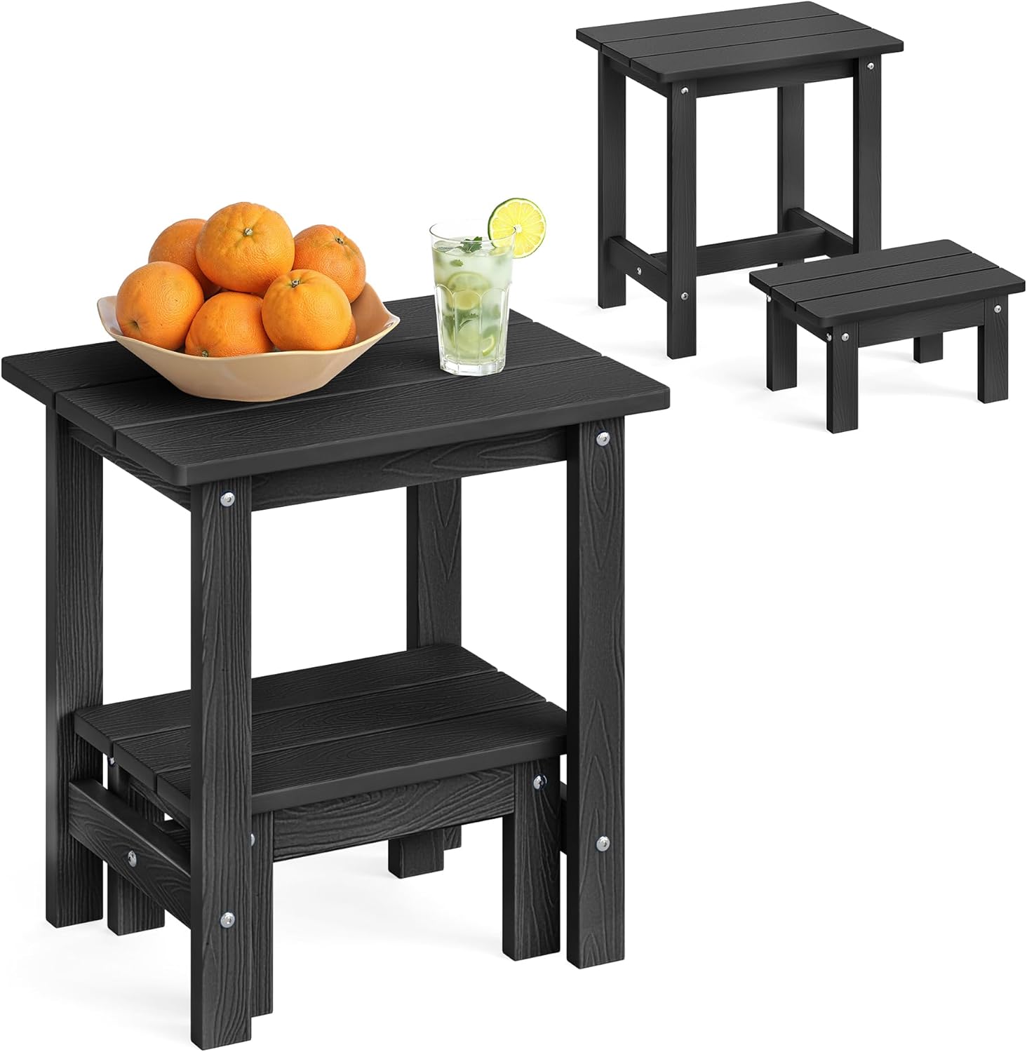 LUE BONA Outdoor Side Table, 2-Tier HDPS Outdoor Nesting End Table with Removable Small Foot Stool for Patio, Deck, Poolside, Low Maintenance & Weather Resistant,Black