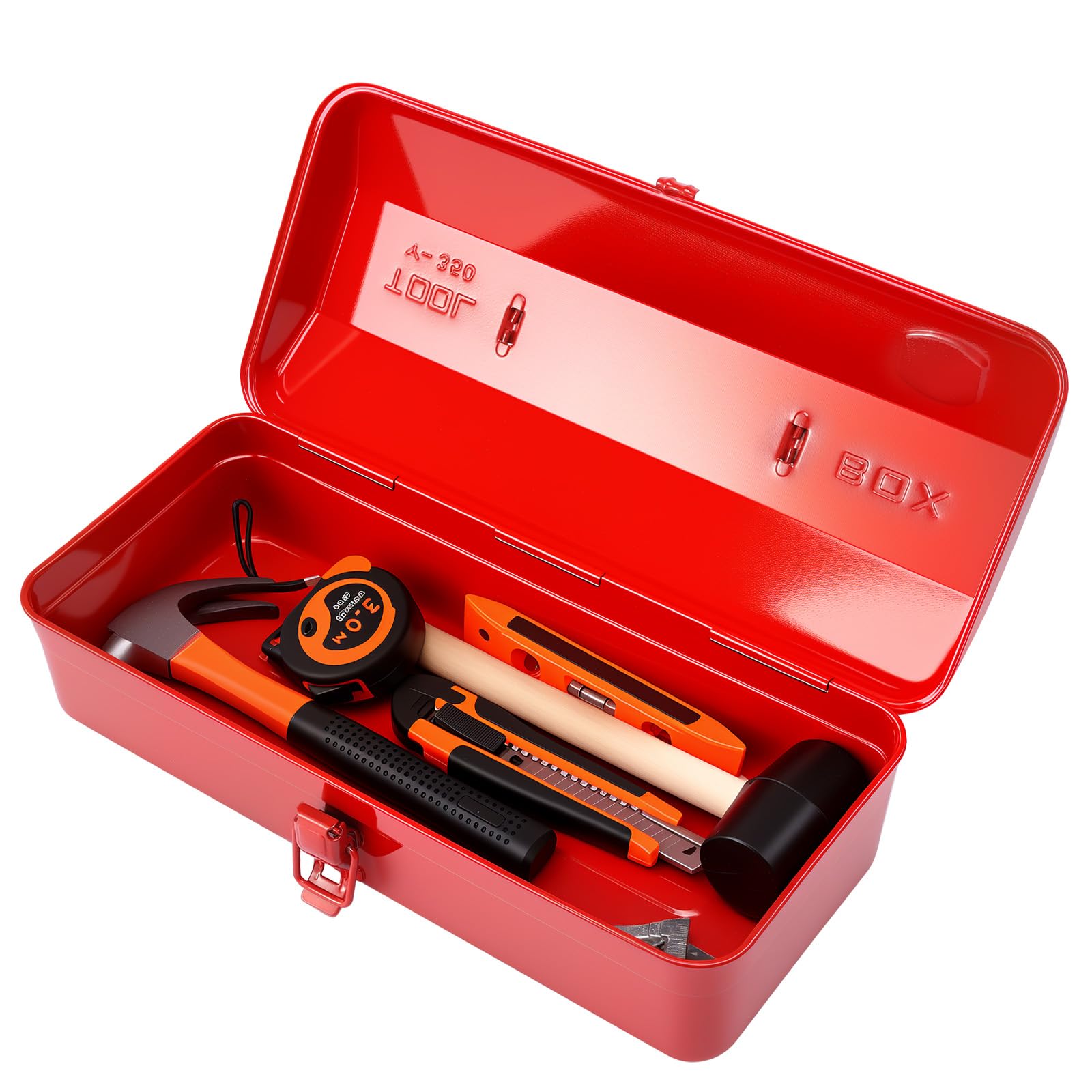 Large Metal Tool Storage Box with Handle for Home, Garage & Workshop, 37×16×12cm Portable Tool Case with Lid Locking Professional Storage Cabinet for Wrenches, Screwdrivers, Small Parts(Red)