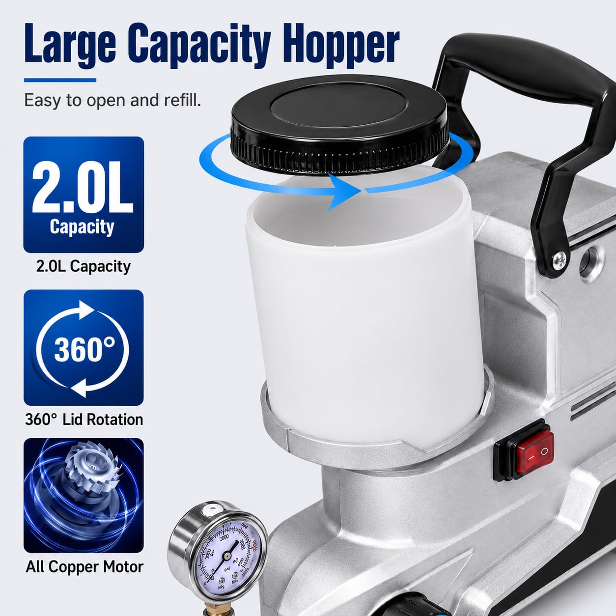 Przenośny Airless agregat malarski 1600 W, 2,5 l/min z 3 prędkościami, pojemność 2 l, wąż 5 m, 220 V