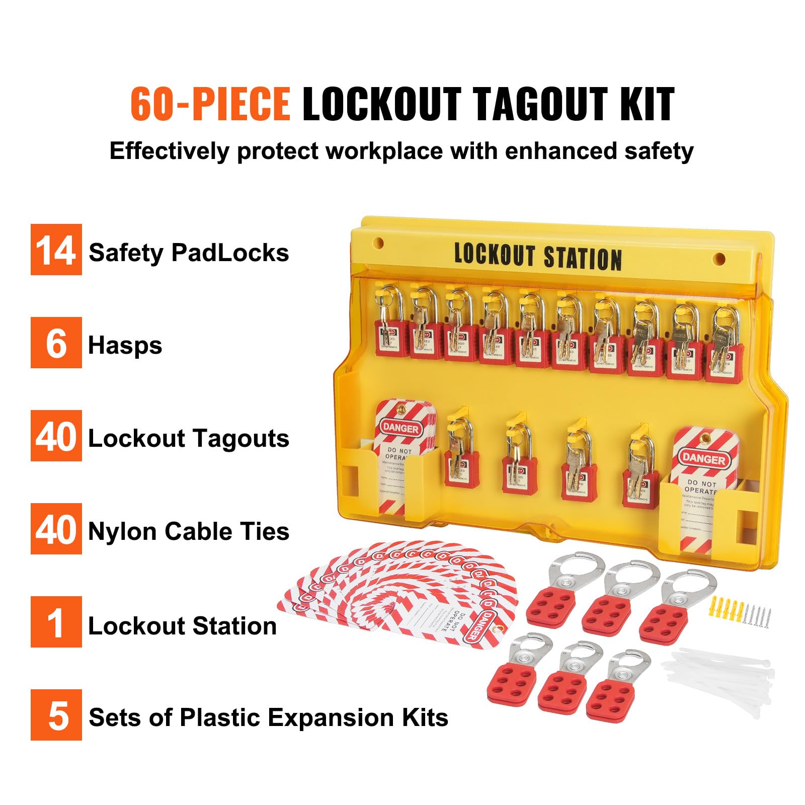 Happybuy Electrical Lockout Tagout Kit, 60 PCS Safety Lockout Tagout Station Includes Padlocks, Hasps, Tags, Nylon Ties, Expansion Kit, and Lockout Station Board, for Industrial, Electric Power