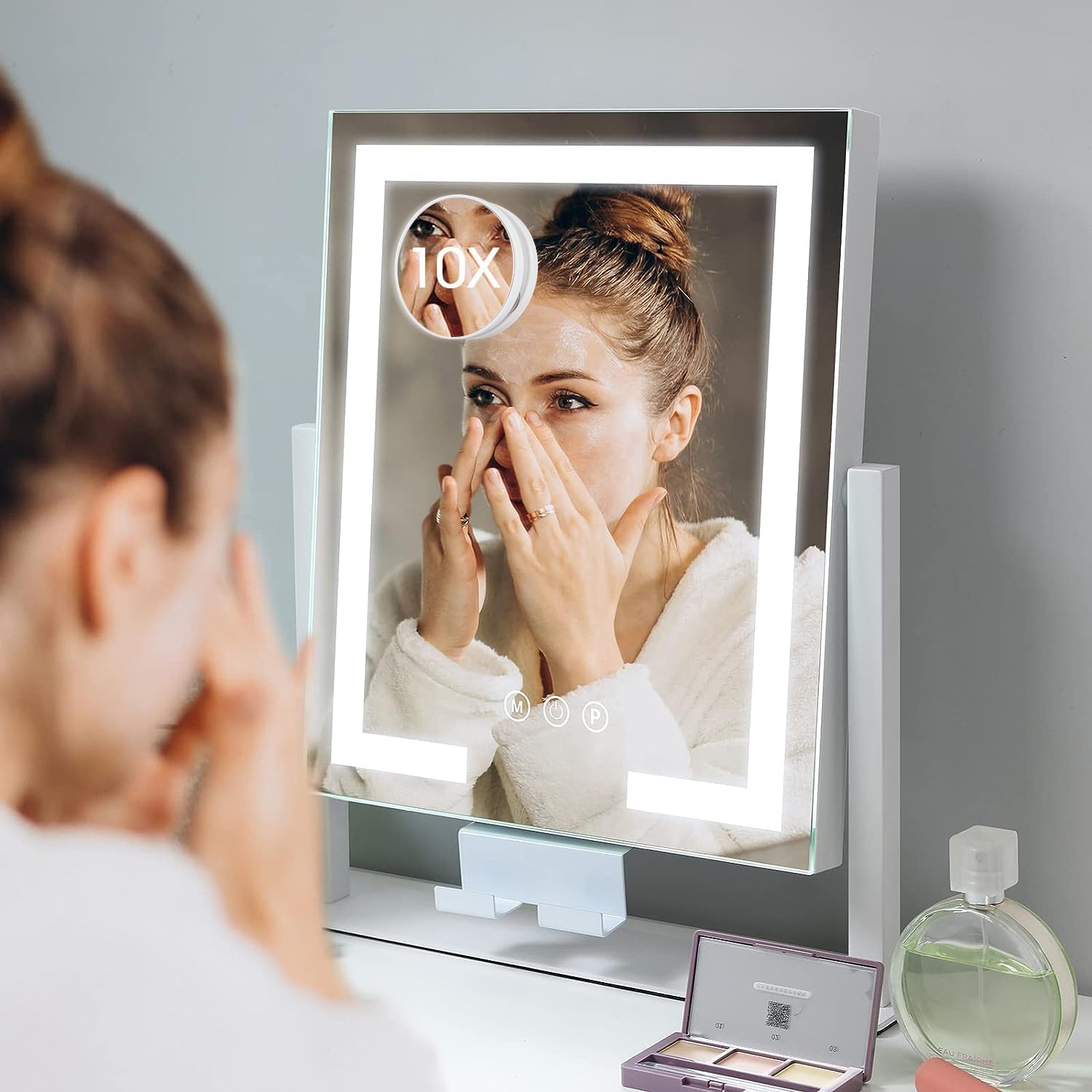 Kottova Lighted Makeup Mirror, Hollywood Vanity Mirror with Lights, Three Color Modes, Smart Touch Control, with Detachable 10X Spot Mirror, Metal Frame, 360° Rotation（14.1in,White）