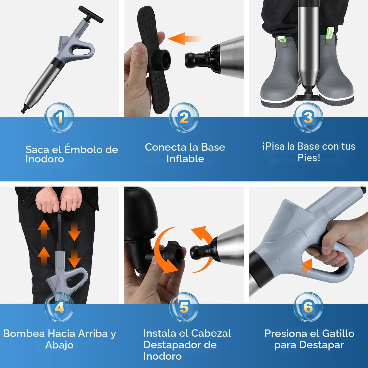 Desatascador tuberías profesional a presión, destapador de cañerías con manómetro visible, apto para WC, lavabos y fontanería del hogar