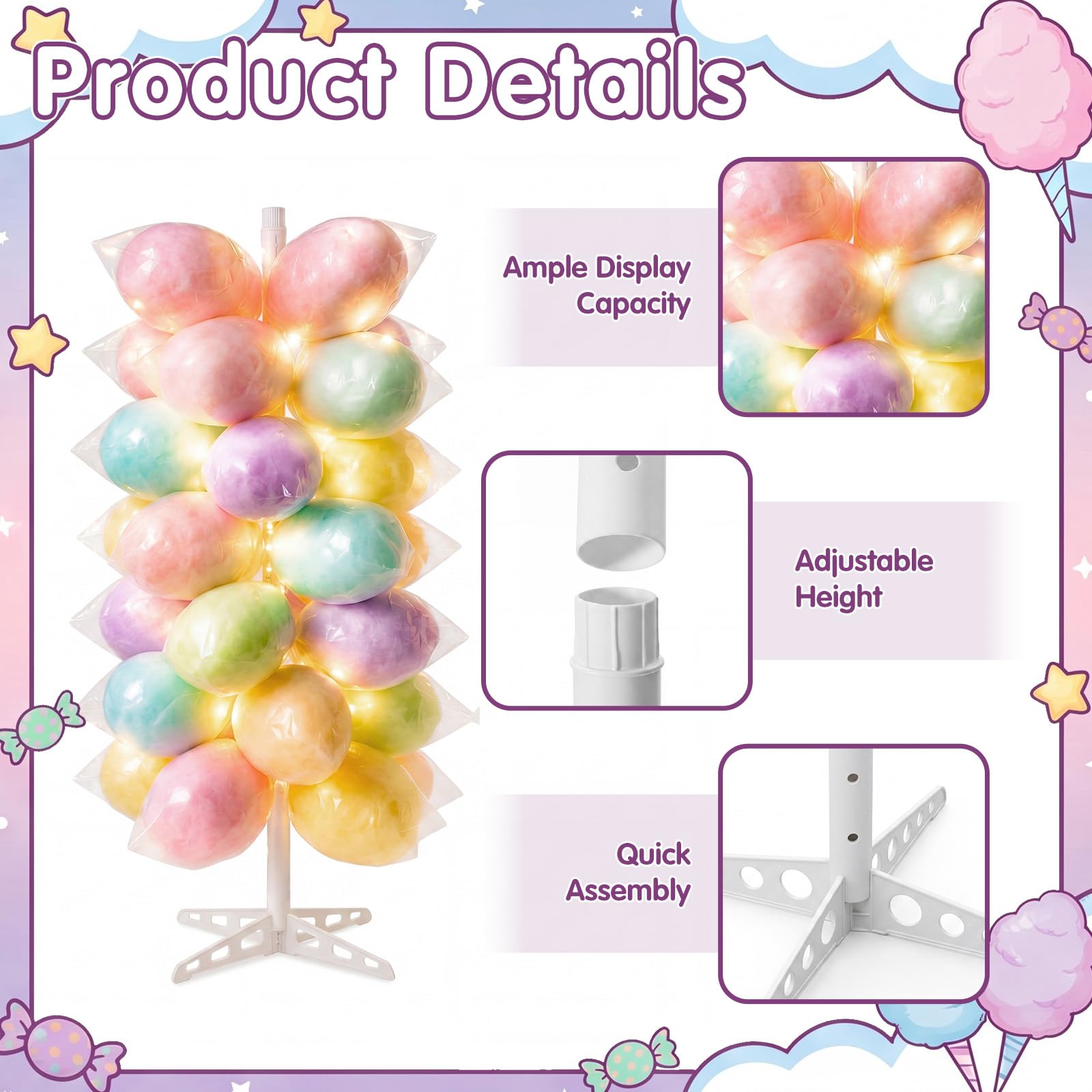 Novabright Plastikowy stojak na cukierki, 1,60 m, z oświetleniem LED, 64 otwory, regulowany, stojak na watę cukrową, artykuły imprezowe, urodziny, baby shower, ślub, 1,60 m