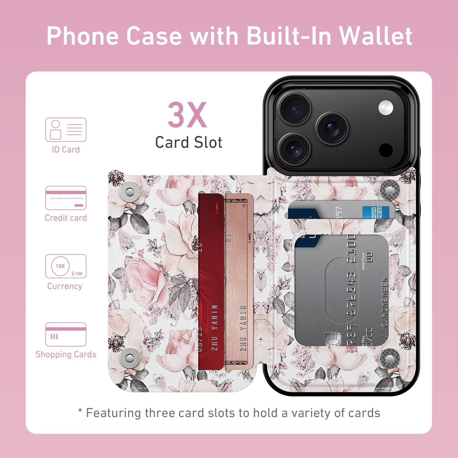 LETO for iPhone 17 Pro Wallet Case with Card Holder - Flip Folio Leather Kickstand - Fashionable Flower Designs - Shockproof Protective Phone Cover for Women and Girls - Champagne Flowers - Image 2