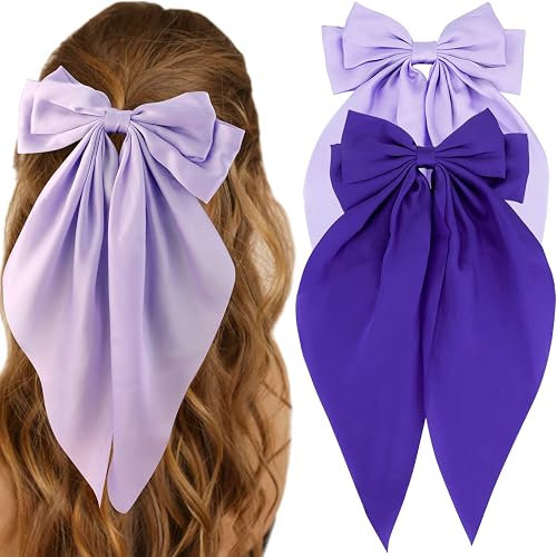 Purple Hair Bows, Atoden 2Pcs Silky Satin Big Hair Bows for Women Large Hair Ribbons Oversized Long Tail Bow Hair Clips Barrettes Bowknot Aesthetic Girls Hair Accessories Gifts