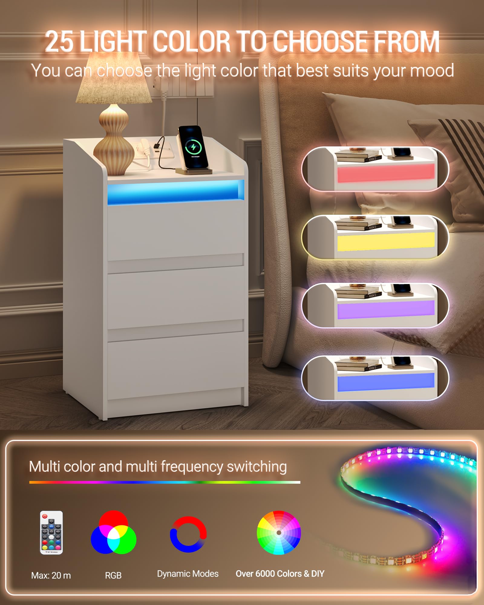 Hzuaneri Mesilla de Noche con 3 Cajones, Mesa Auxiliar con Estación de Carga y LED, 2 Tomas CA y 2 Puertos USB para Dormitorio, Salón, Blanco NS40003X