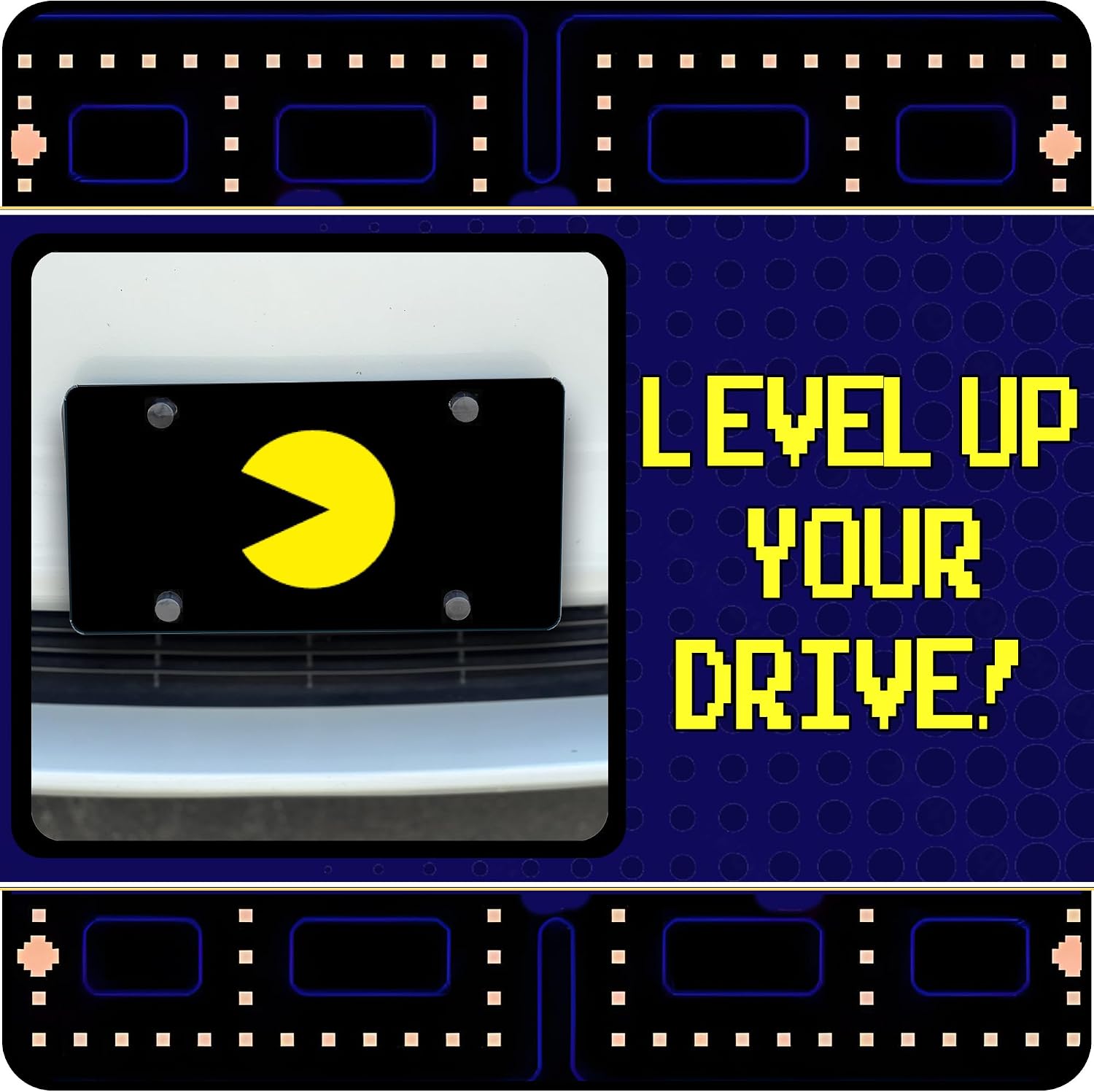 Pac-Man Face Logo Black Acrylic License Plate - Frame Retro Gaming Car Accessory for Gamers - Official Licensed Product by Bandai Namco