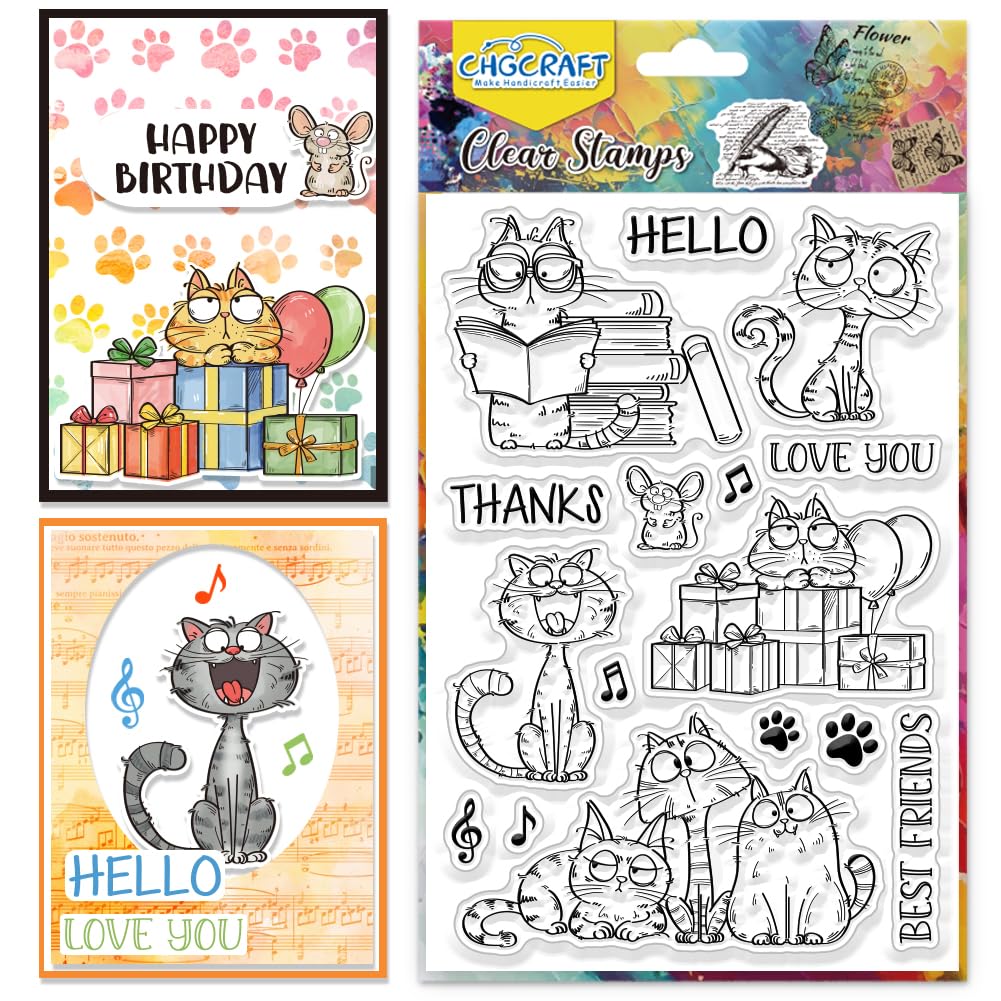 GLOBLELAND Compleanno Gatti Animali Timbro Trasparente Divano Gatto Torta di Compleanno Timbro Trasparente In Silicone Confezione Regalo Sigilli per DIY Scrapbooking Riviste Carte Decorative Creazione
