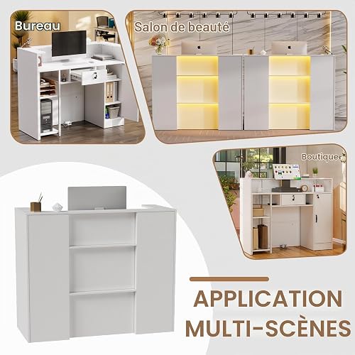 MSFE Banco Receptio con LED, 120cmX100cmX50cm Bancone Reception con Cassetti e Armadi Chiudibili, Bancone Cassa, Armadio Bancon Vendita, Mobili per reception, per Hotel, Ufficio,Centro Estetico - 6