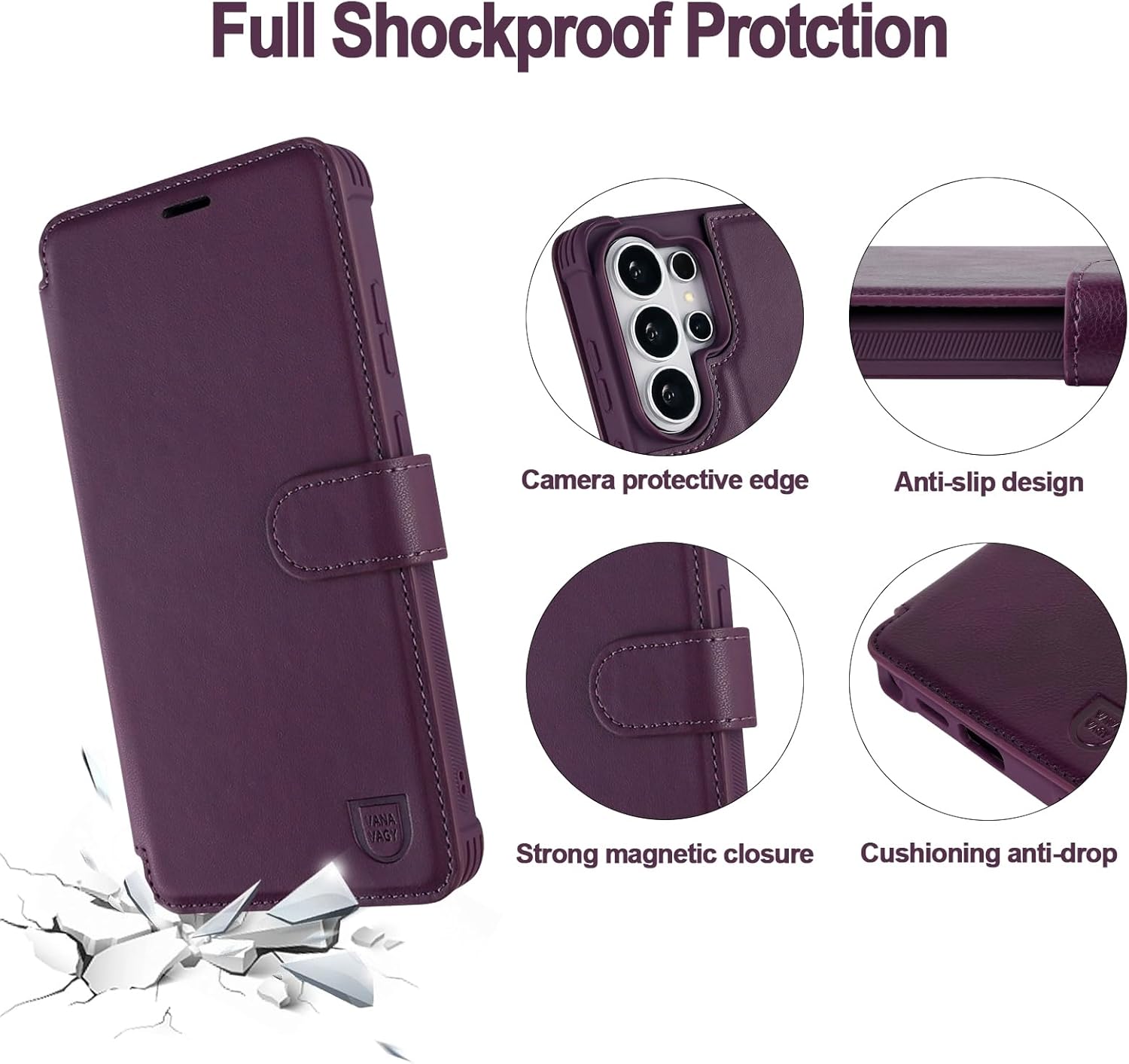 VANAVAGY Wallet Case for Galaxy S26 Ultra with RFID Blocking Card Holder, [12ft Drop Protection] Flip Folio Cover PU Leather Magnetic Shockproof Case with Wrist Strap Kickstand, Dark Purple