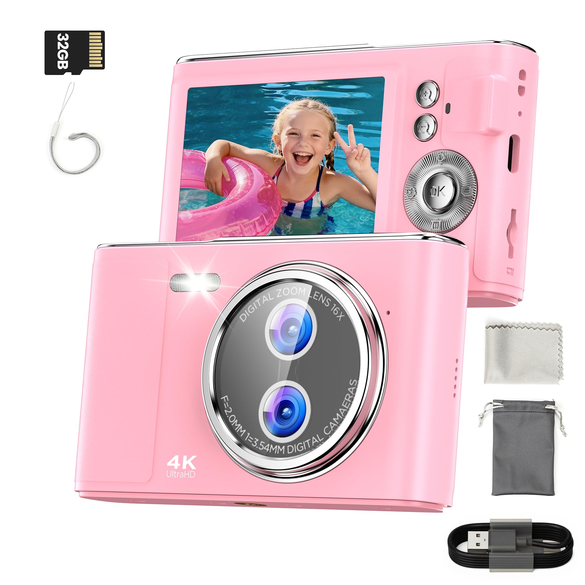32GB Digital Camera Compact 48MP Autofocus 16X Digital Zoom Photo Camera: 2.8 Inch 4K LCD Screen Portable Vlogging Photography Camera for Kids, Beginners, Teens, Students with Lanyard Pink