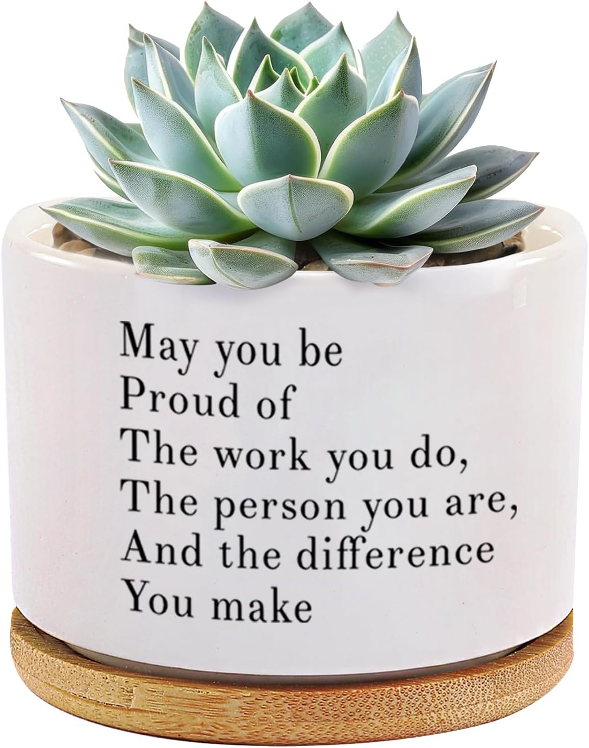 May You Be Proud of The Work You Do Inspirational Gift Ceramic Succulent Plant Pot with Tray Coworker Leaving Motivational Gifts Home Decor Plant Lover 3.5 Inch White (No Plants) (with Bamboo Tray)