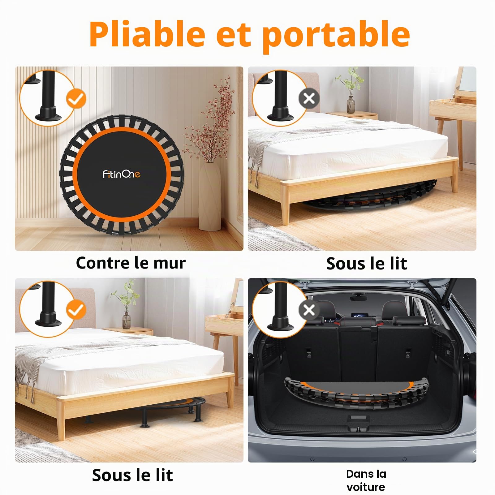 FitinOne Mini Trampoline Pliable de Charge de 204 kg, Trampoline d'exercice Portable avec poignée en Mousse réglable, Trampoline de Fitness pour Adultes et Enfants