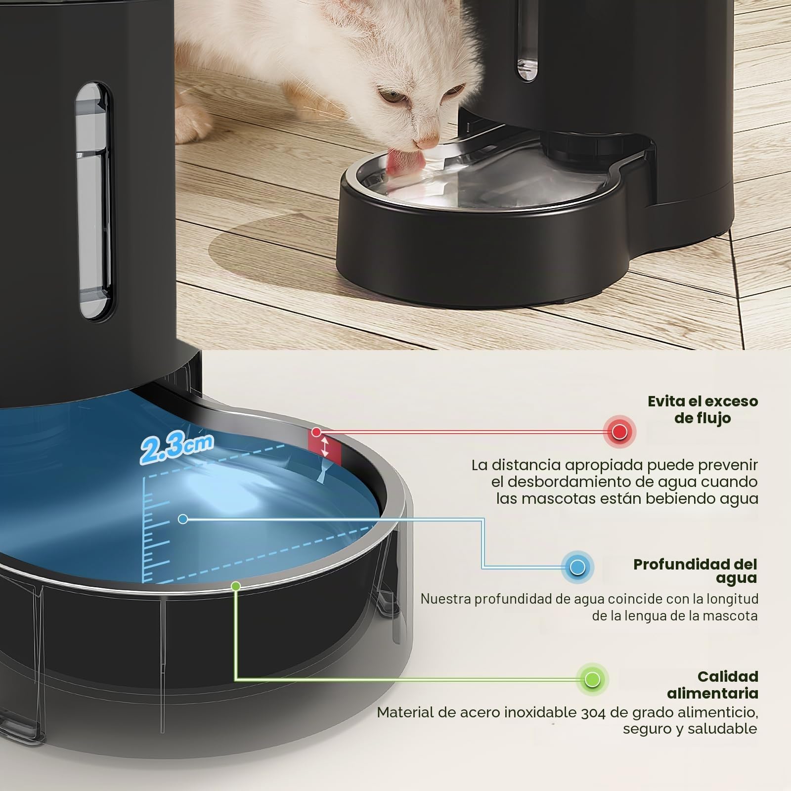 JUNSPOW Dispensador de Agua para Mascotas de 4 litros con Cuenco de Acero Inoxidable, dispensador automático de Agua para Gatos, Ventana Visible, Seguro y desenchufado para Mascotas, Color Negro