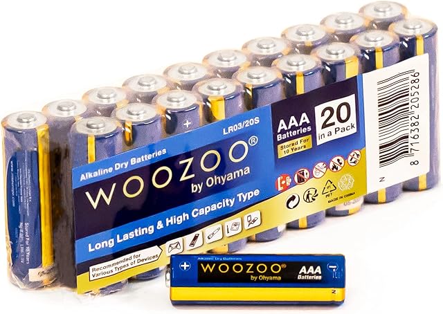 Woozoo ® by Ohyama, AAA Alkaline batteries (pack of 20), 1.5V, 1250mAh, Long Lasting Power, 10-Year Shelf Life, For small electric devices - Dry Cell Battery LR03 - Blue