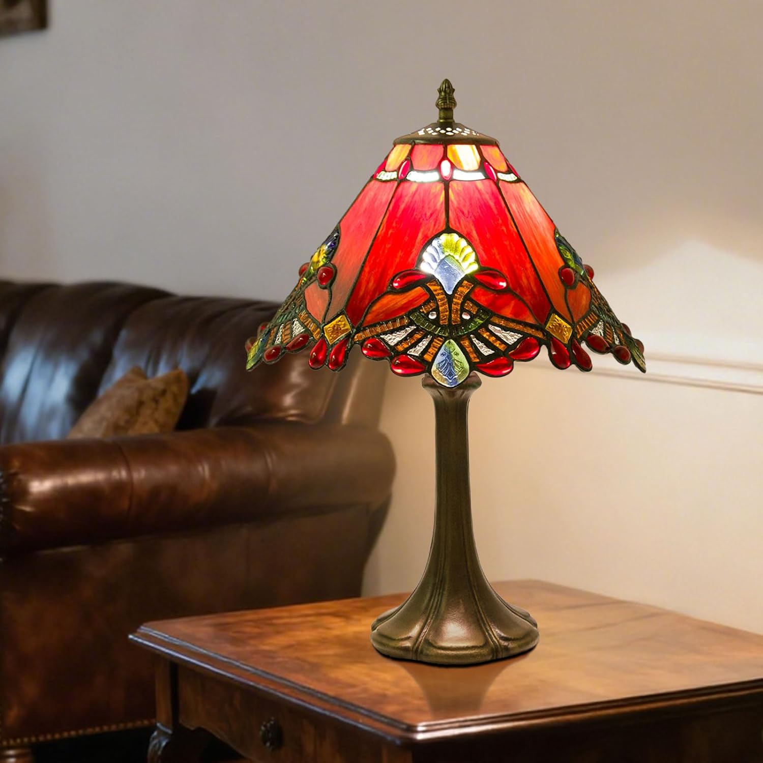 Crefotu 12 Inch Baroque Style Tiffany Table Lamp, Vintage Stained Glass Desk Lamp with Remote Control, 3 Color Temperature & Brightness Level for Office Home Bedroom Living (Red)