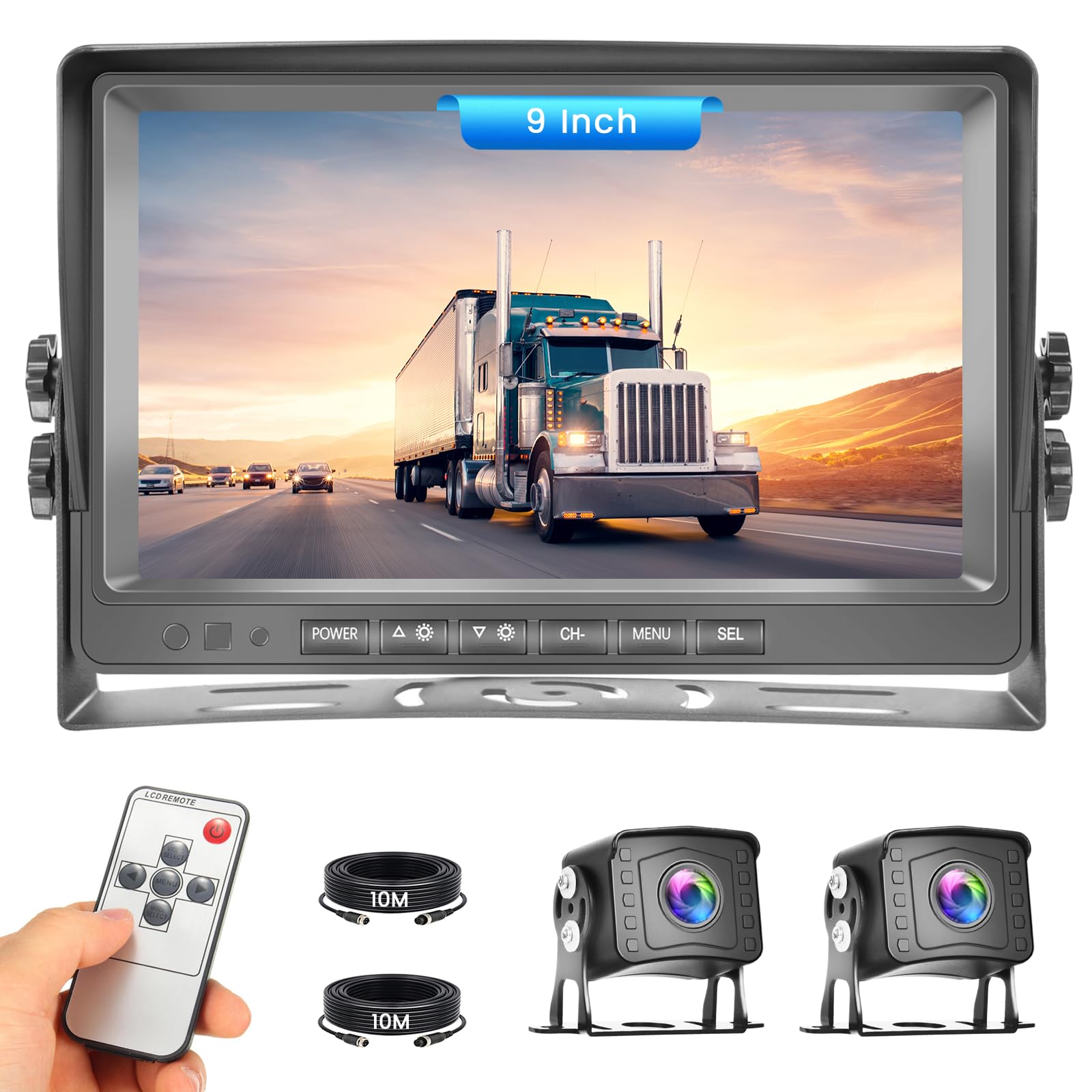 System kamer cofania z podwójną kamerą, nagrywanie wideo, 9 cali, monitor LCD DVR, wodoszczelność IP69, pełnokolorowa widoczność w nocy, kamera samochodowa z 2 x 10 m kablem do przyczep