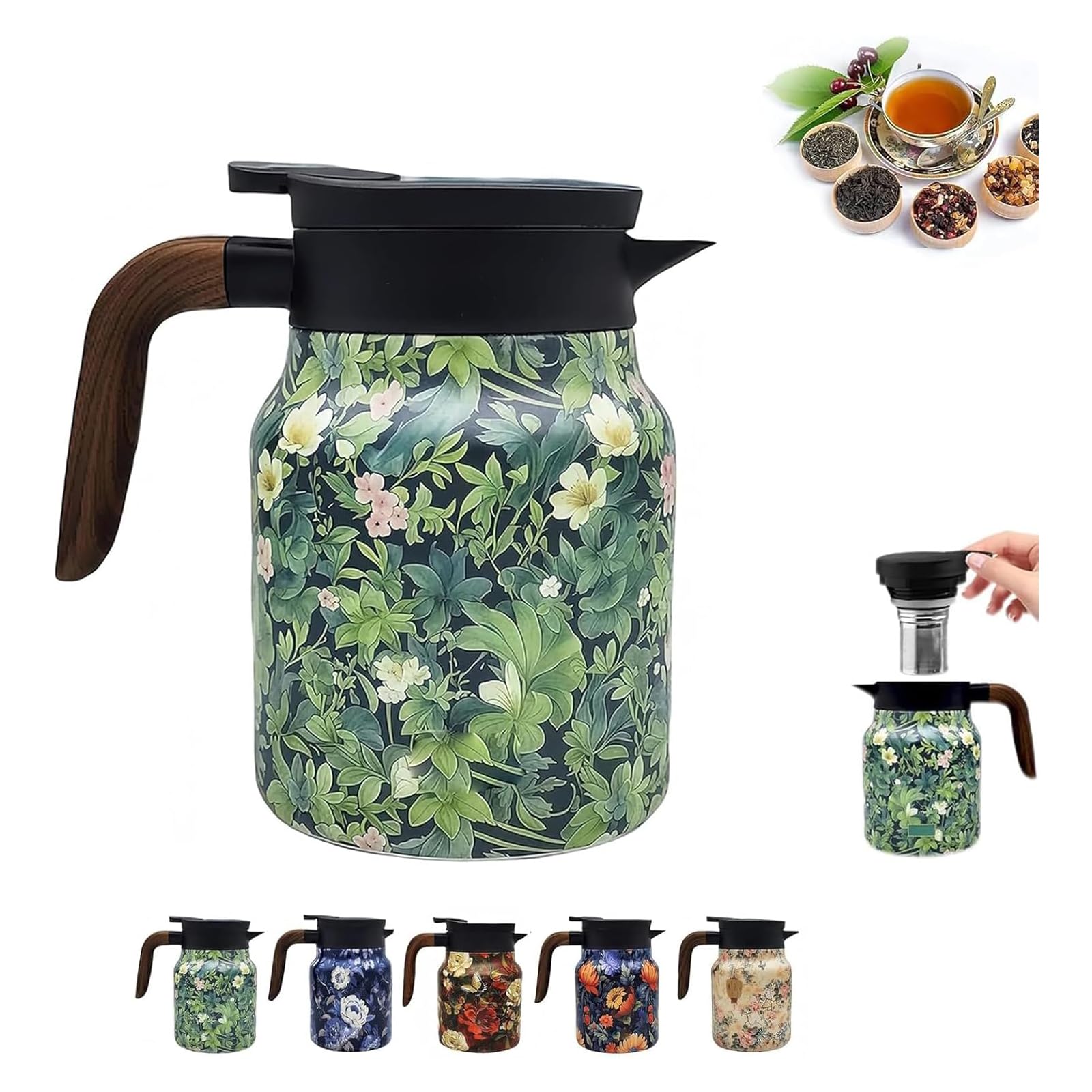 Infinite Tea Pot, Vintage Floral Pattern Tea Pot - Built-In Infuser, Infinite Stainless Steel Insulated Vintage Teapots for Hot Cold Drinks (Green)