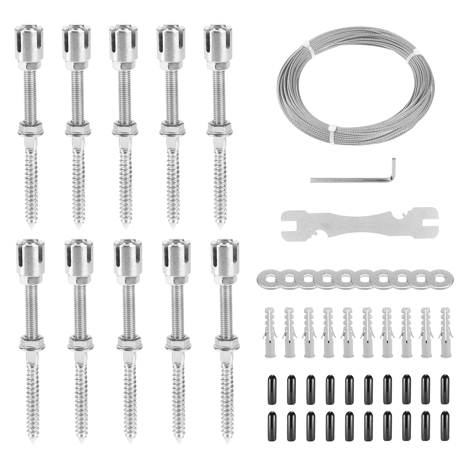 EXLECO Podpórka ze stali nierdzewnej do roślin pnących, z 10 uchwytami i liną 16 m x 3 mm, linka ze stali nierdzewnej, kratka do wspinania się na rośliny, róże, powojniki, winorośle