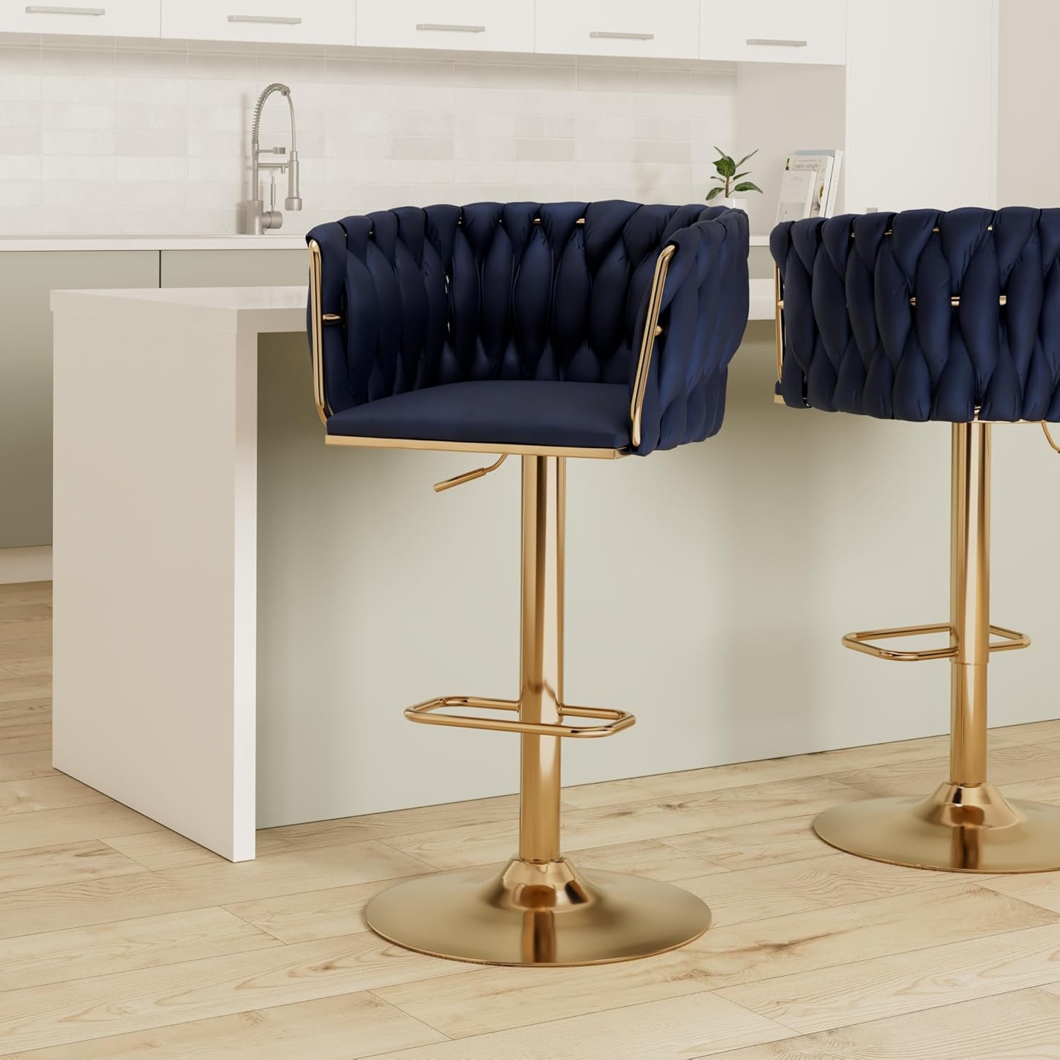 Velvet Swivel Bar Stools Set of 2, Counter Height Bar Stool with Woven Back, Gold Kitchen Bar Stools for Kitchen Island, Cafe, Pub, Bar Counter (Blue)