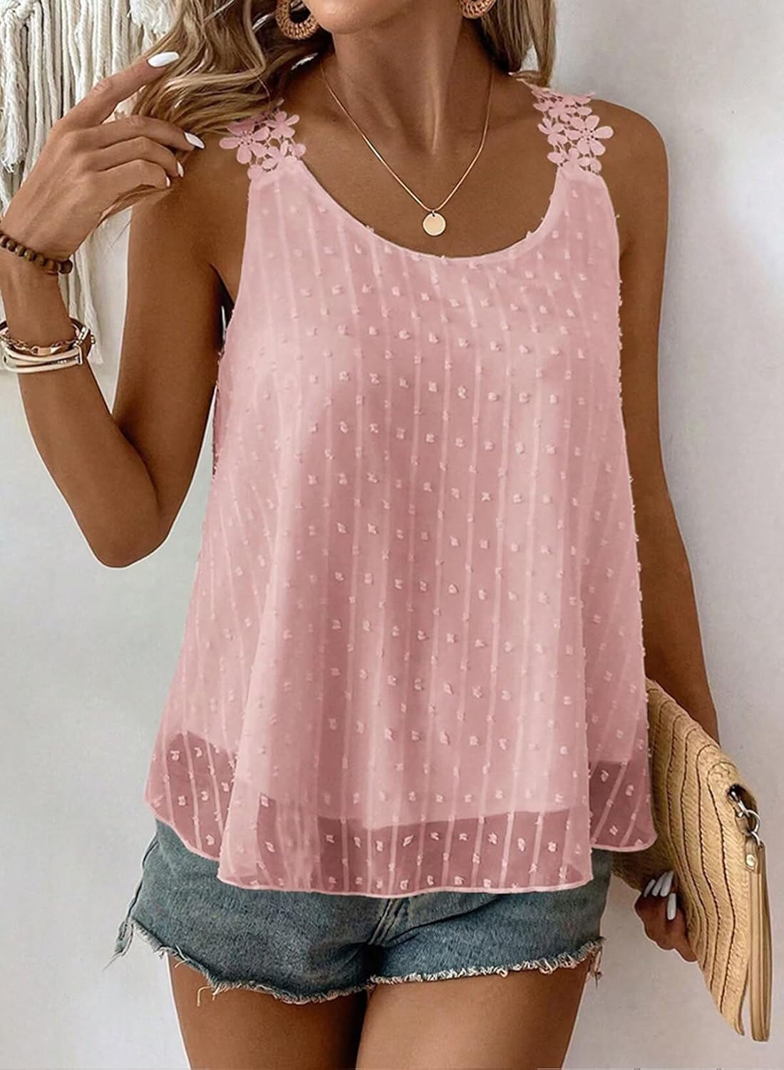 Womens Tank Tops Flowy Sleeveless Summer Boho Tank Top for Women Casual Crewneck Strap Lace Camisole Shirts - Image 4
