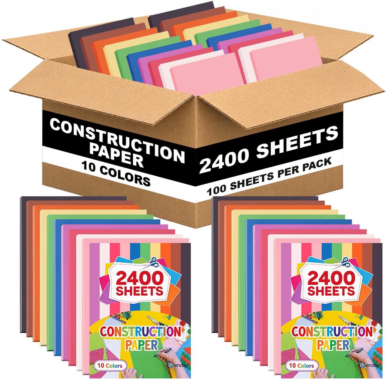 Baupapier, Großpackung (2400 Blatt), 10 verschiedene Farben, 22,9 x 30,5 cm, 100 Blatt pro Packung (24 Stück), farbiges Konstruktionspapier für Kunst, Handwerk, Schule und Klassenzimmer, von Enday
