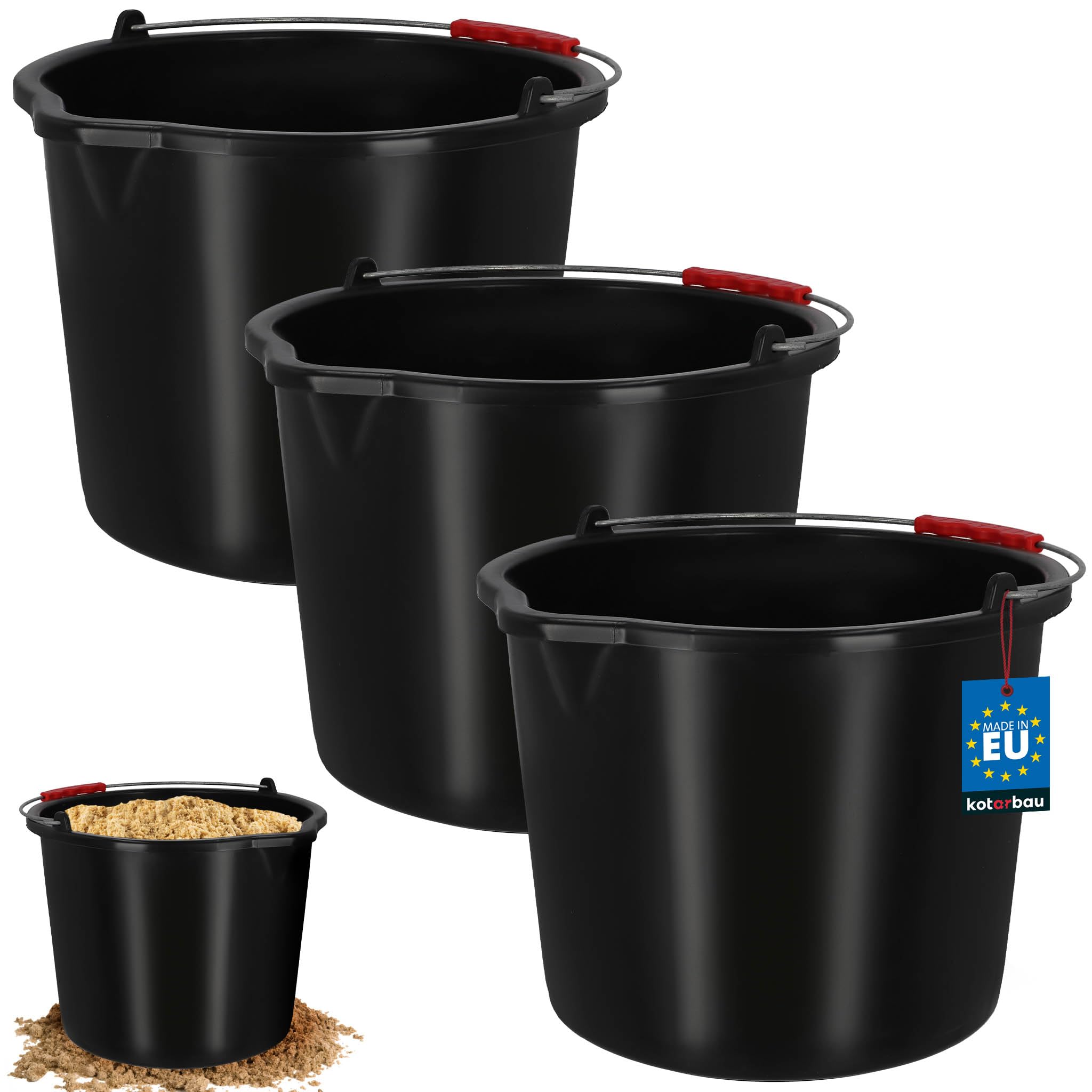 KOTARBAU® Seau de Maçon, Seau de Construction 16 L, Plastique | Lot de 3, Seau de Chantier, Seau à Mortier, Noir, avec Bec Verseur et Anse, Rond