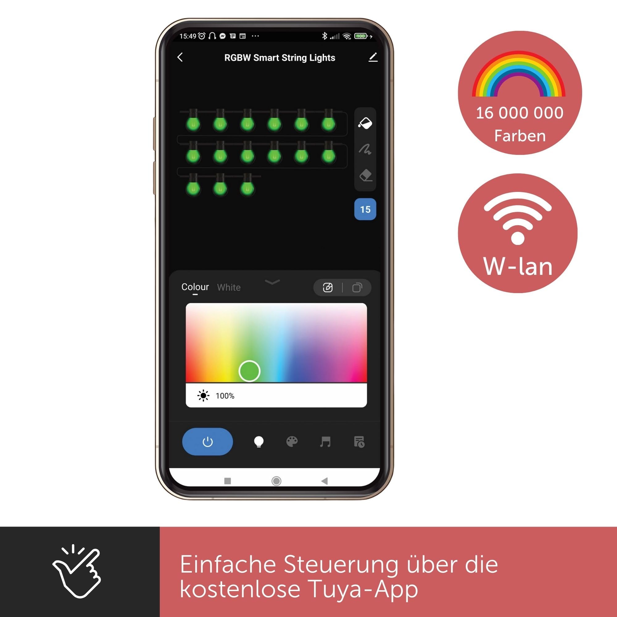 Lichterkette außen bunt, LED Lichterkette smart Outdoor, Lichterkette aussen smart home, RGBW Glühbirnen, Lichterkette mit App-Steuerung Tuya und Musiksynchronisation, 15 m