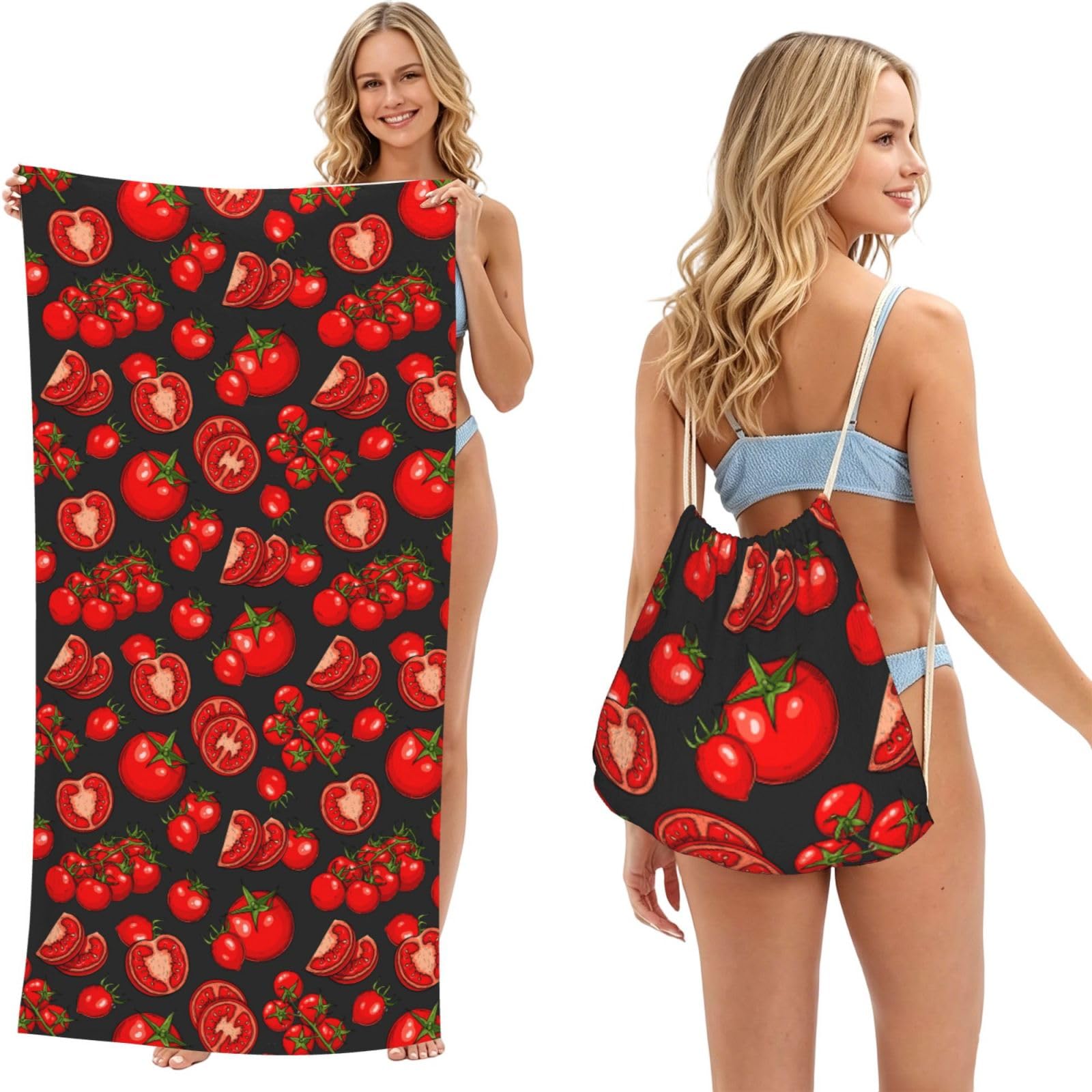 Poadnly As Picture Tomatoes Vegetable Pattern, 2 In 1 Packable Towel Bag, Beach Towels With Drawstring Backpack For Travel Holiday Camping