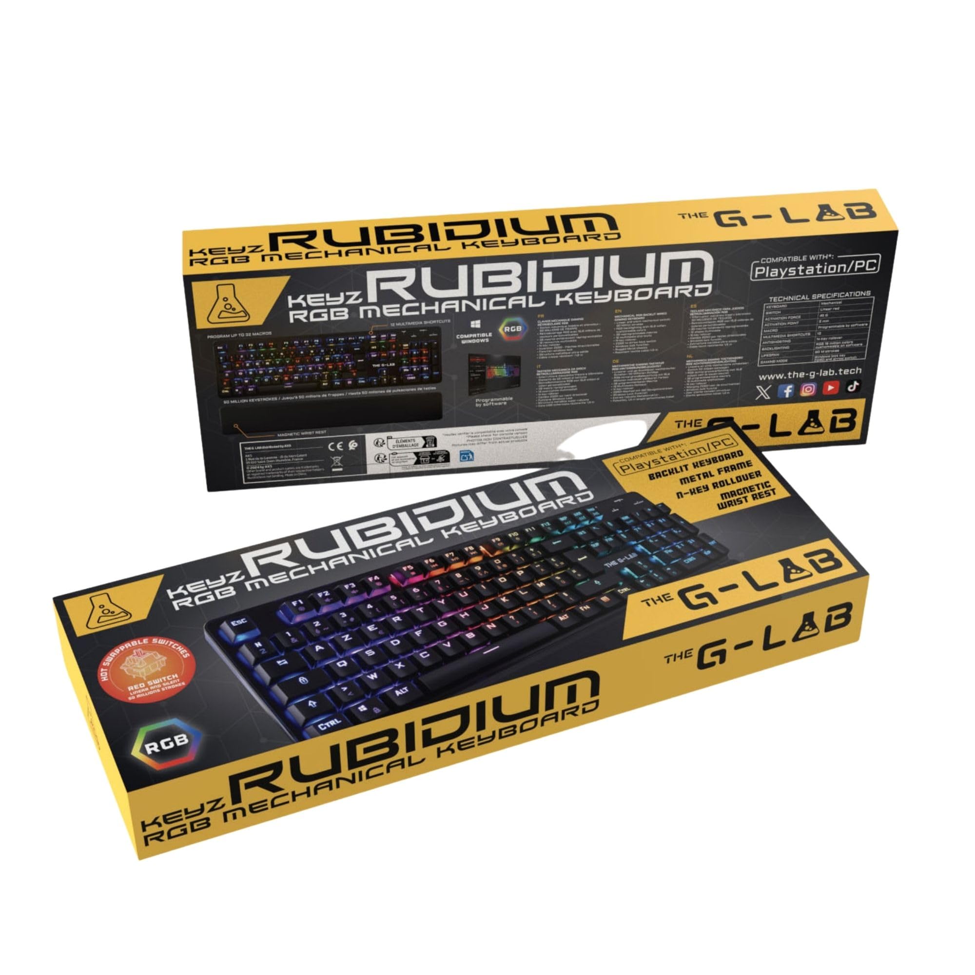 The G-Lab - Keyz Rubidium - Clavier Mécanique Gaming USB, AZERTY FR Haute Performance, RGB 100% Personnalisable, Anti-Ghosting, Repose-Poignet - Compatible avec PC, PS4, PS5, Xbox