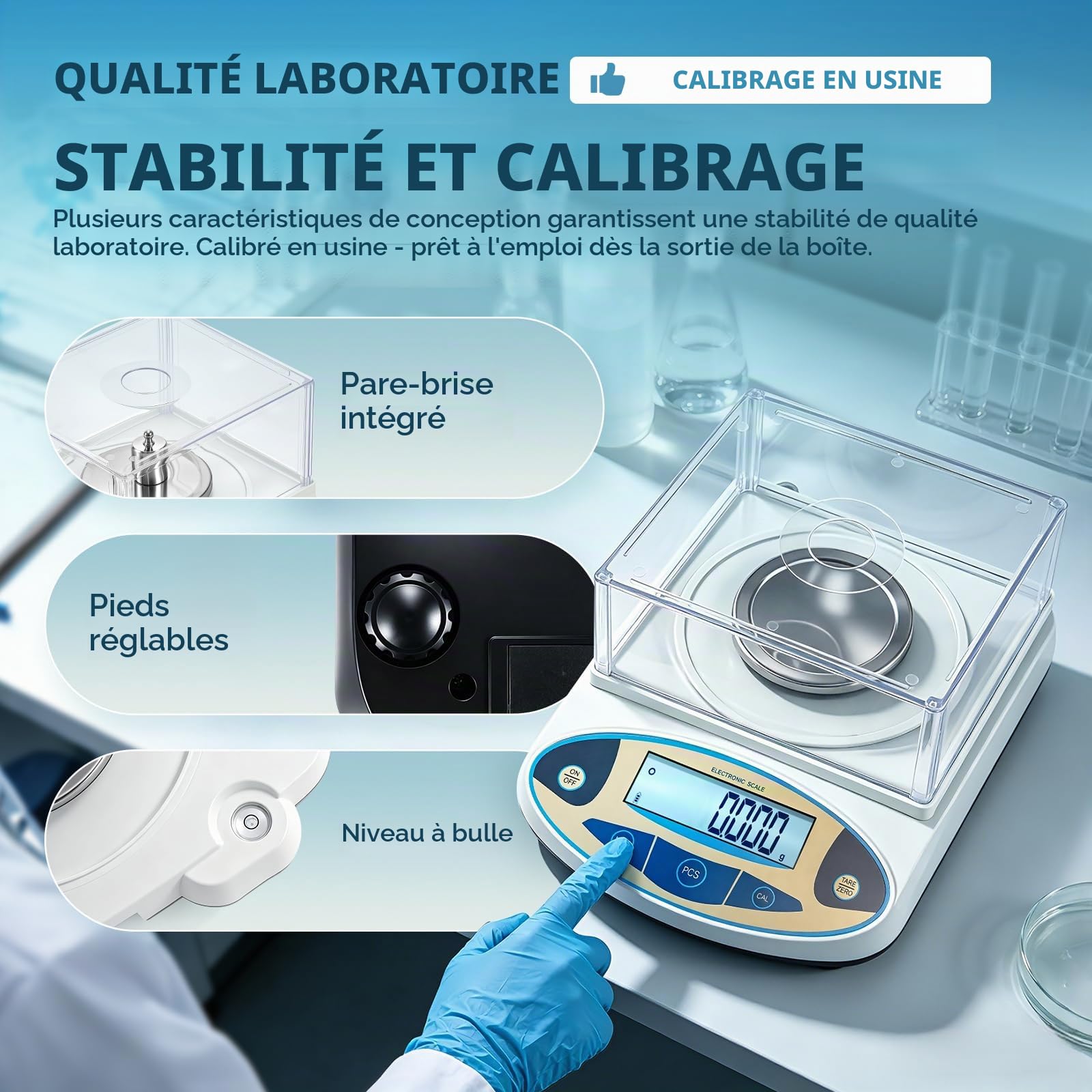 Bonvoisin Balance Analytique de Laboratoire 100g/0,001g avec Pare-Brise | Balance Haute Précision Lisibilité 1mg, Plateau Inox, 13 Unités, Tare & Comptage, Étalonnée Usine pour Labo, Bijouterie & Oro
