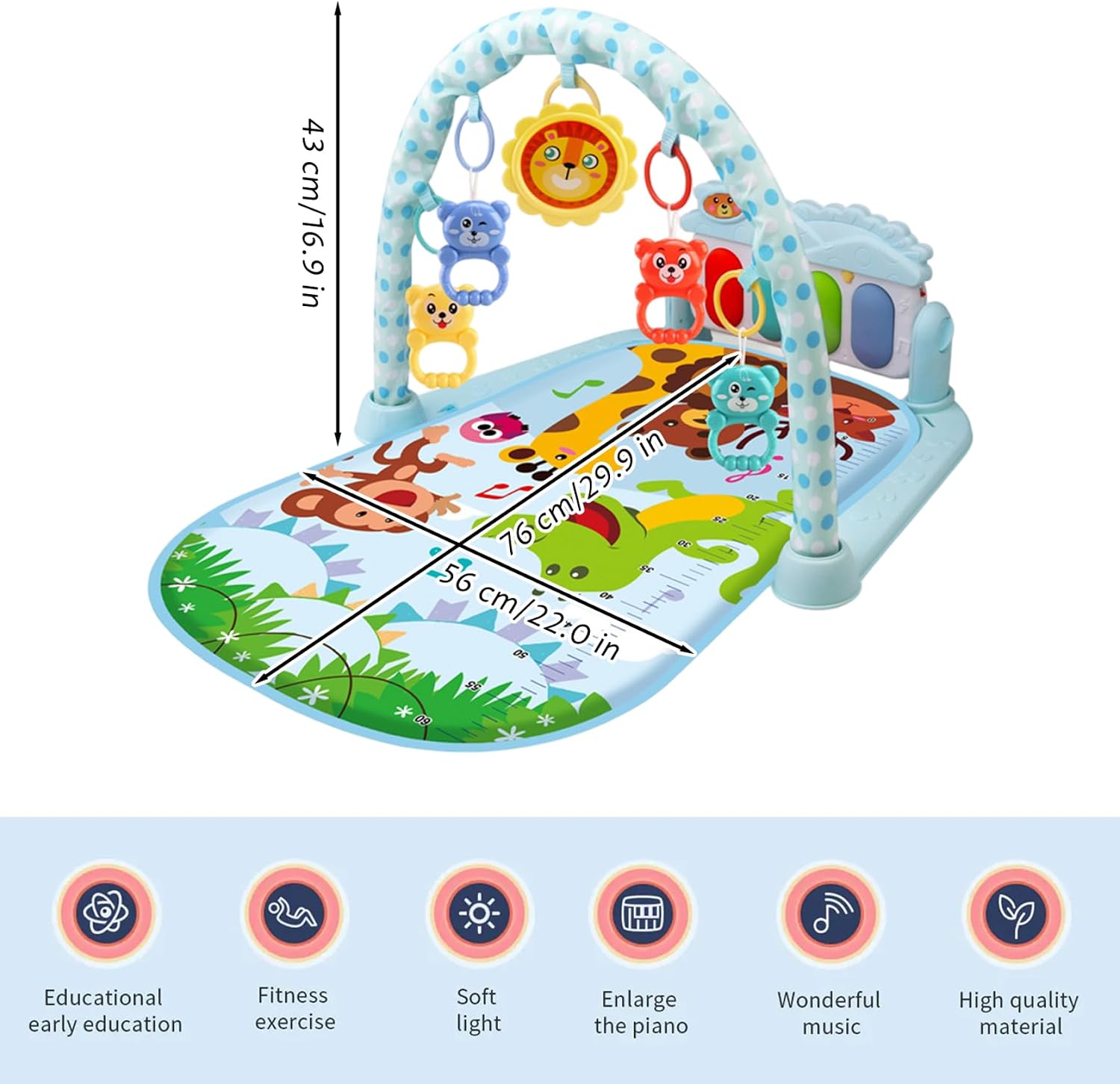 Baby Tummy Time Play Mat with Music & Light Kick and Play Piano Gym Mat with Rattle Pendant Baby Playmat for Babies 0-36 Months Blue