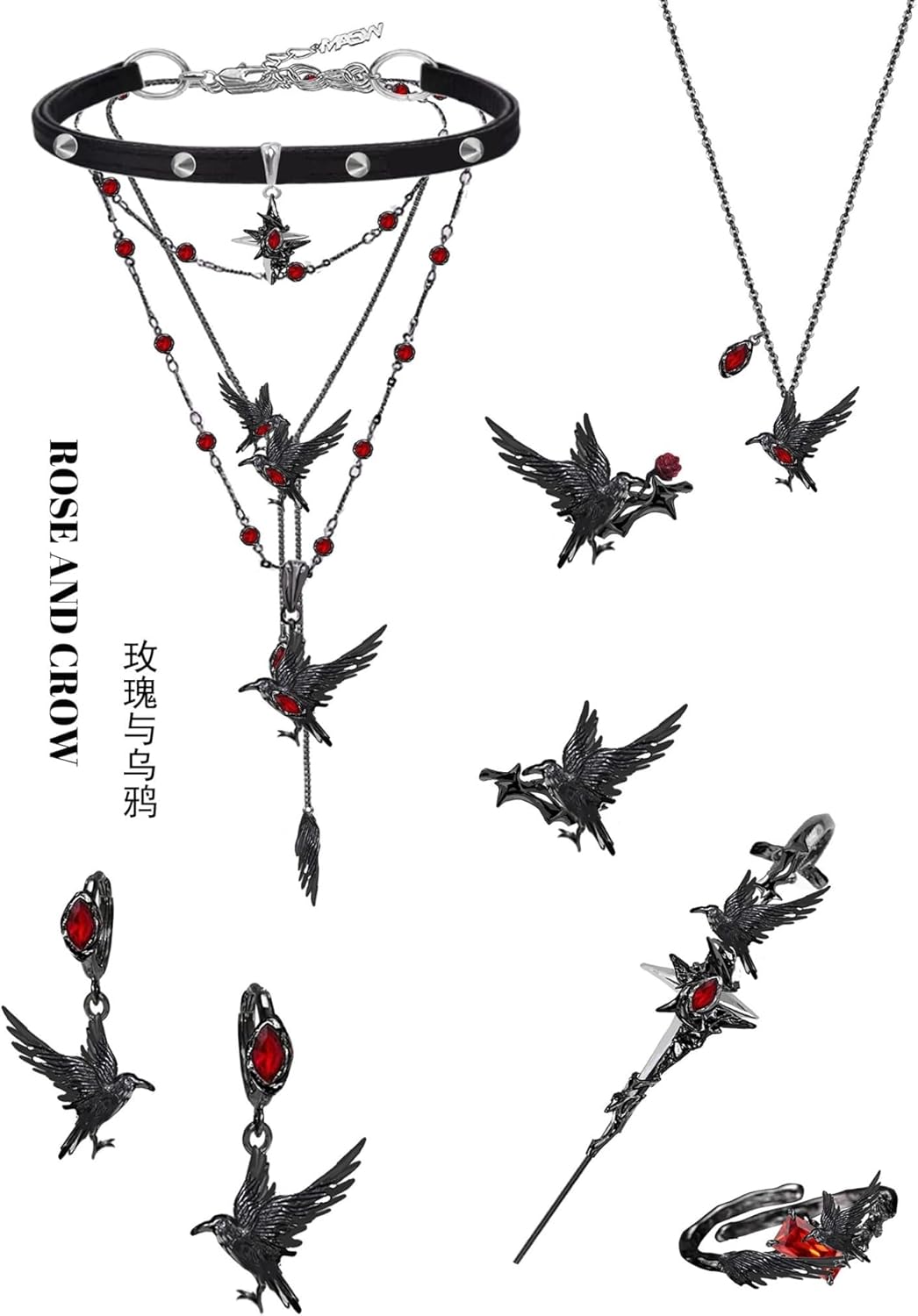 original design hip hop style Gothic necklace Crow red Rose necklace women's fashion gift M3500 - Image 3