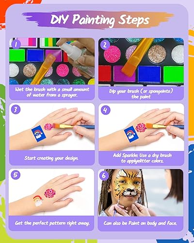 Miniatura 6 de Kit de pintura facial para niños, kit de pintura facial activada por agua, paleta de maquillaje profesional no tóxica con plantillas, gemas,