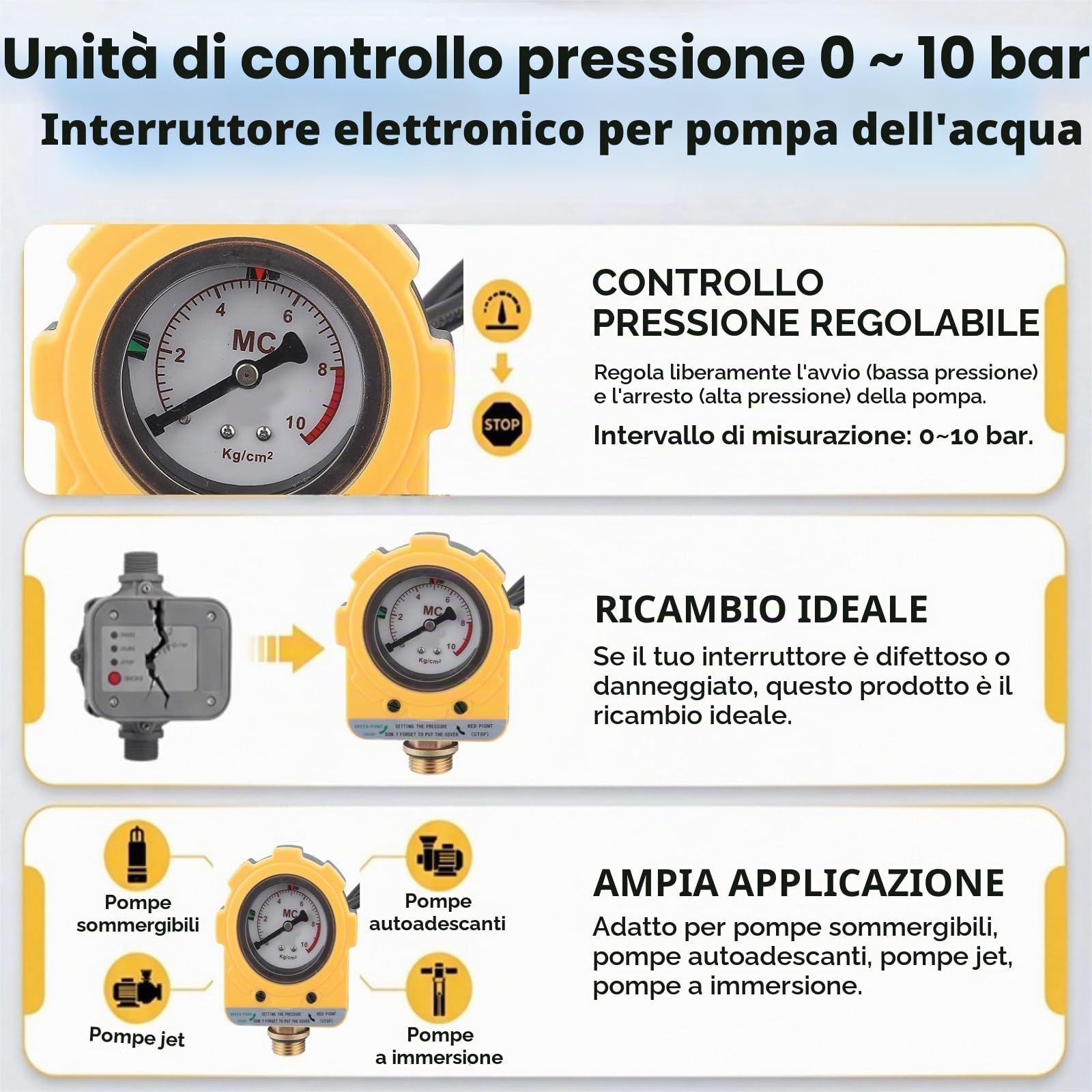 220 V 0~10 bar Interruttore Elettronica Unità Pressostato Regolabile per Pompa Acqua (Spina di EU)