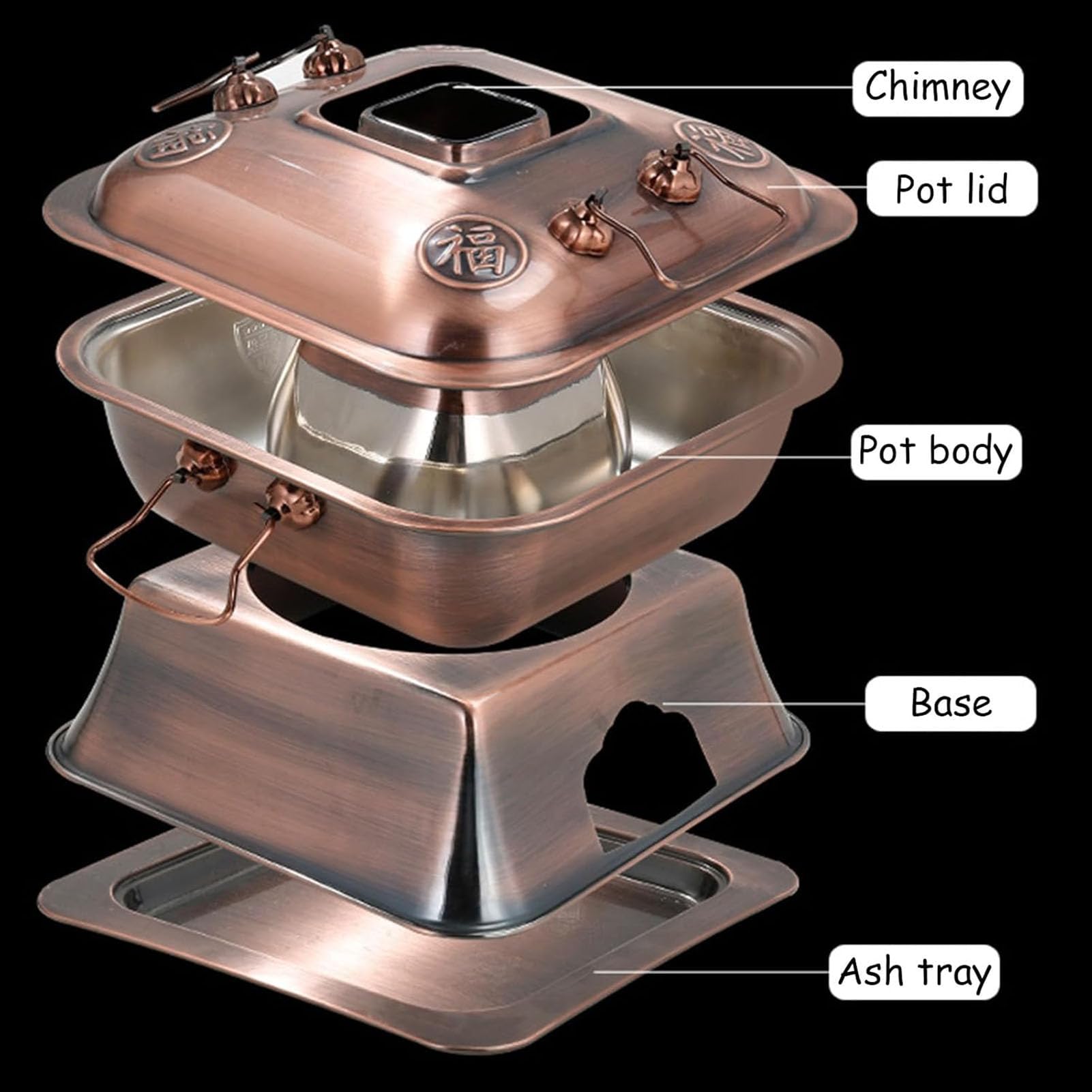 Gorący kociołek węglowy miedziany, Shabu Hot Pot z pokrywką, Stary pekiński garnek do gotowania,Silver,34cm/13.4in