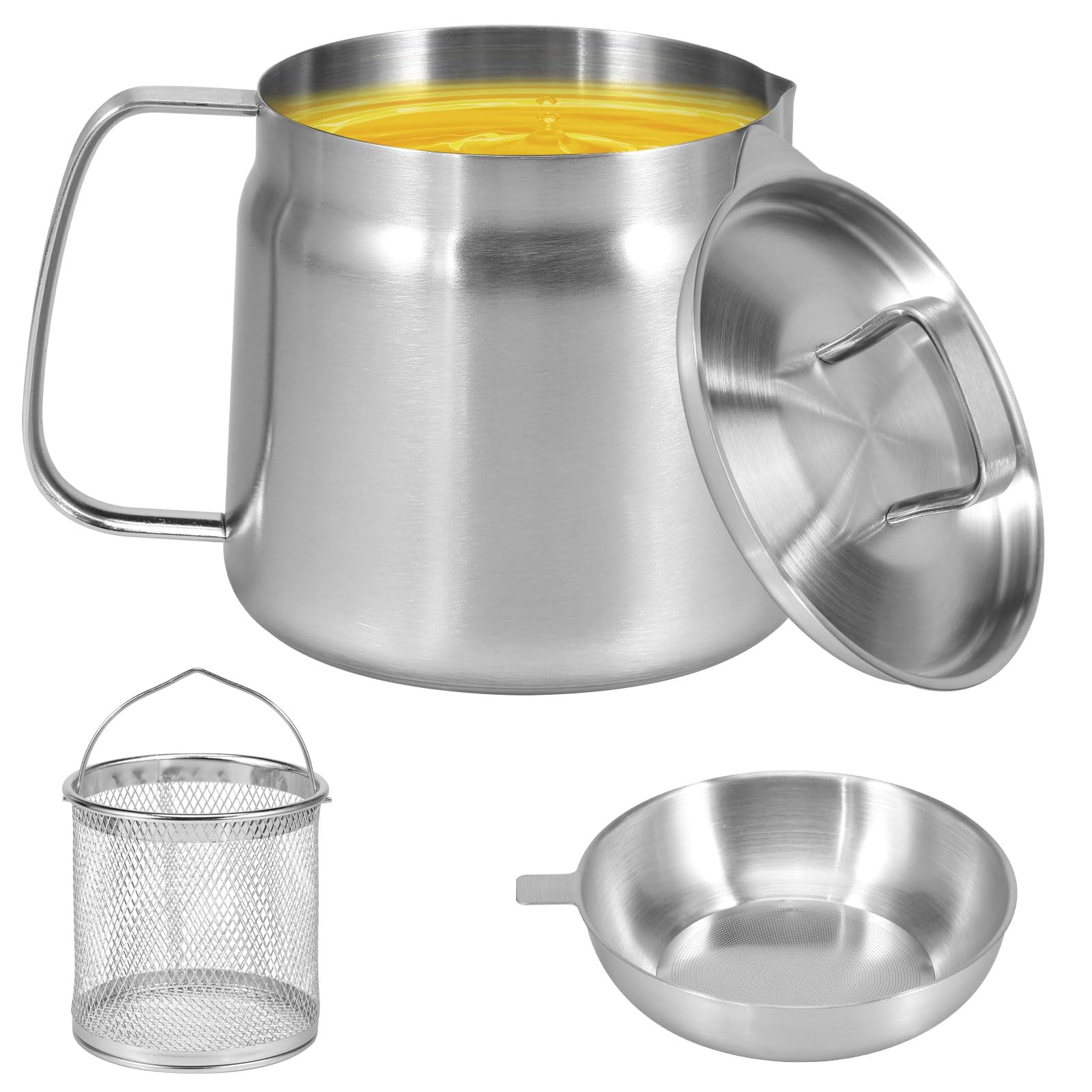 Deep Fat Fryer Strainer, 1.5L Stainless Steel Frying Pot with Filter Lid & Frying Basket, Bacon Grease Container with Strainer Pot for Storing, Frying, and Cooking Grease