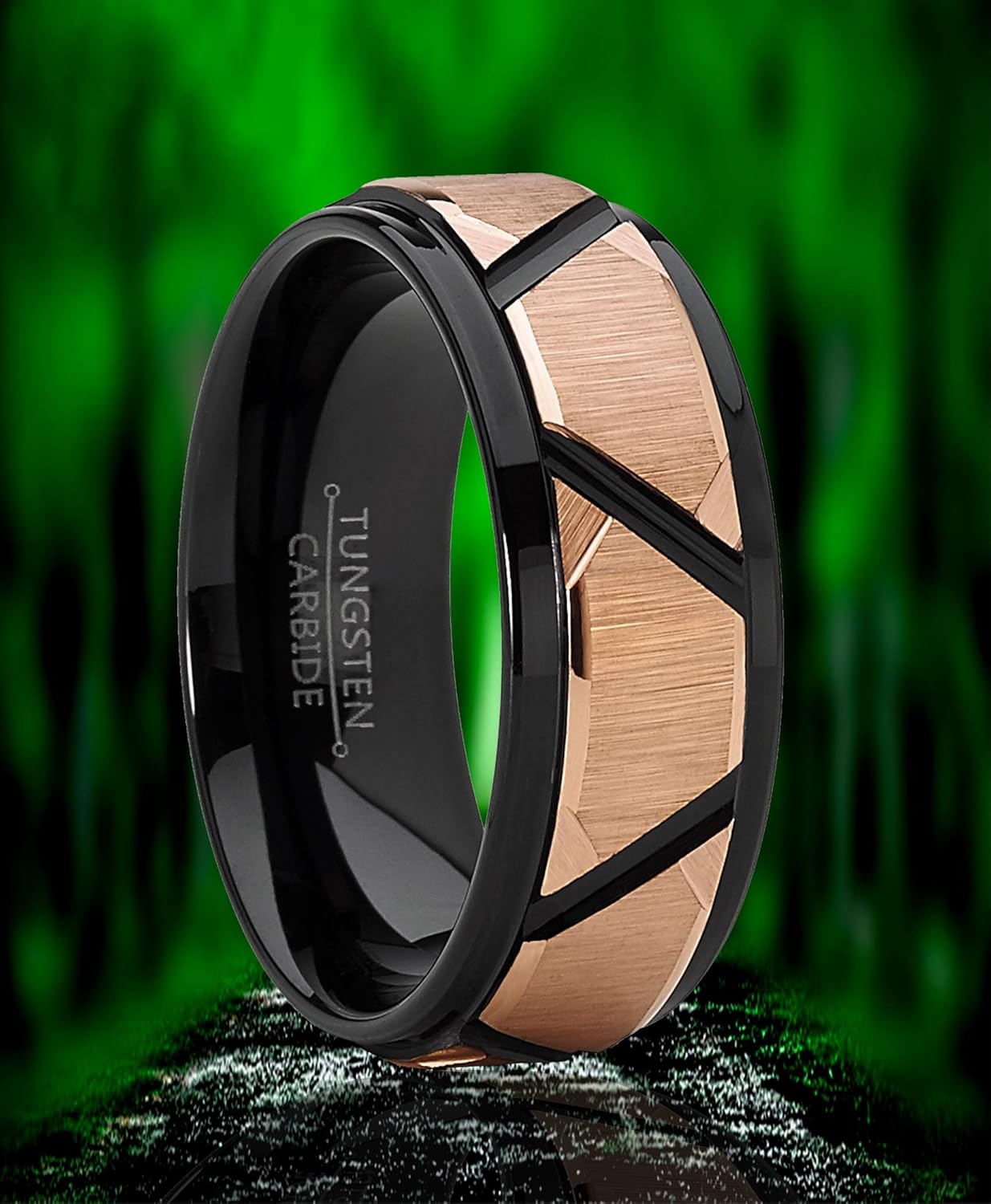 Metal Masters Co. Men's Tungsten Carbide Wedding Ring Black and Rose Goldtone Faceted Band 8mm